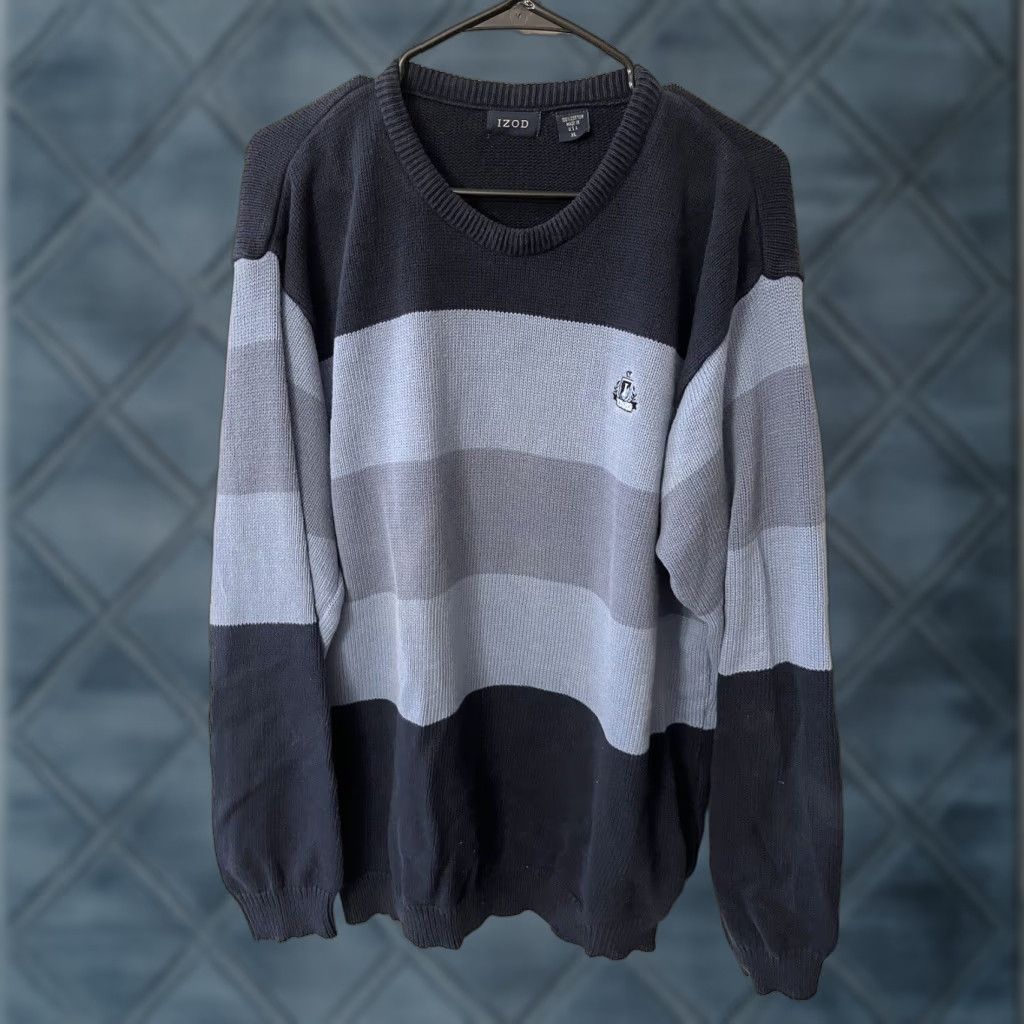 Izod VINTAGE Izod Sweater Mens XL Blue Striped Knit Crew Neck Cotton Made in USA 90s Mens Size US XL / EU 56 / 4 - 1 Thumbnail