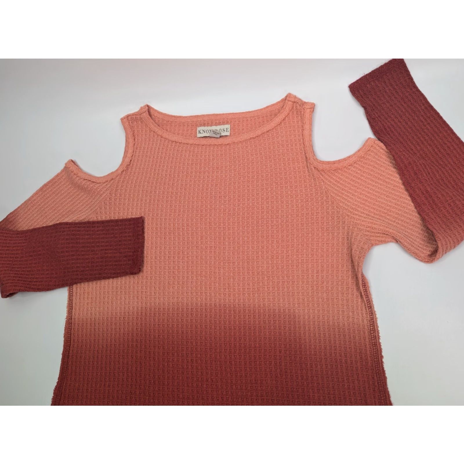Vintage Knox Rose Blouse Women M Orange Cold Shoulder Ombre Dip Dye Waffle Knit Crew Neck Pullover Casual Shirt Size M / US 6-8 / IT 42-44 - 2 Thumbnail