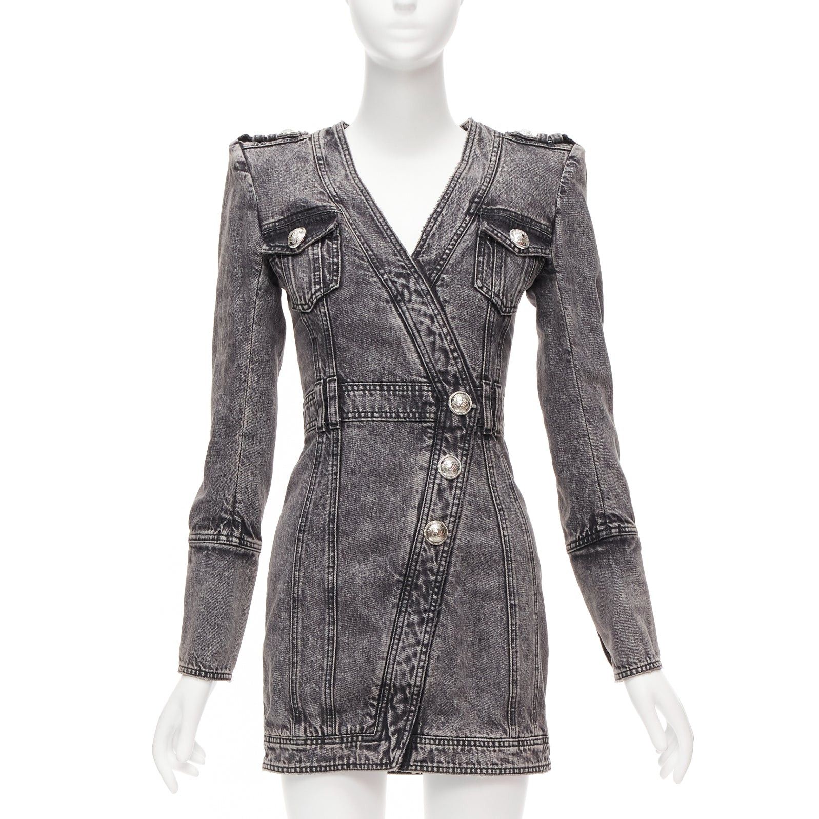 Balmain BALMAIN grey acid washed denim button embellished wrapped mini dress FR34 XS Size XS / US 0-2 / IT 36-38 - 1 Thumbnail