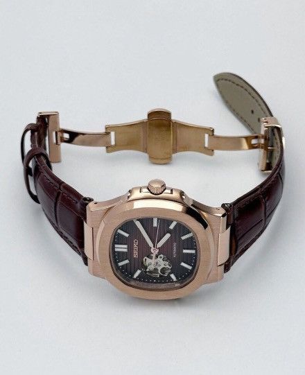 Japanese Brand Seiko Mod Nautilus Brown Open Dial Rose Watch Leather Strap Size ONE SIZE - 5 Thumbnail