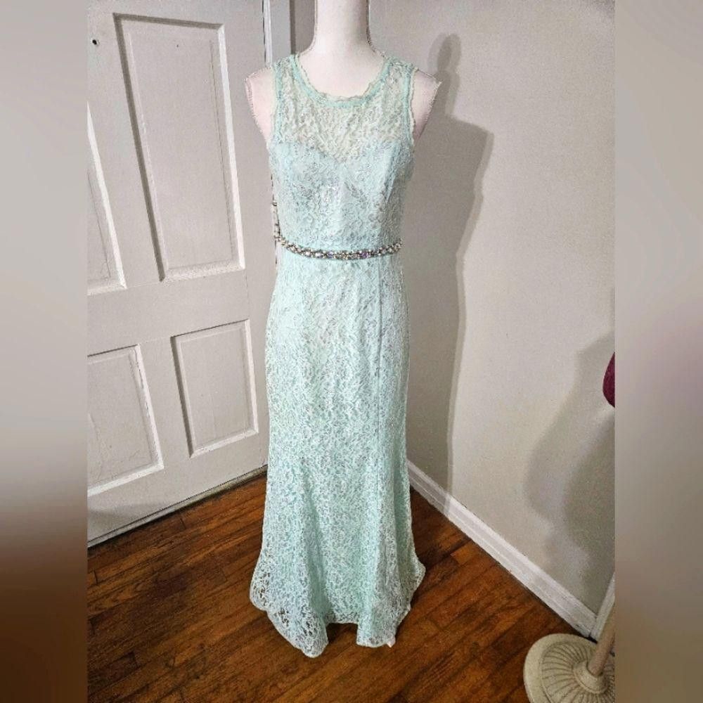 Designer Elegant Mint Green Lace Evening Gown Size M / US 6-8 / IT 42-44 - 11 Thumbnail