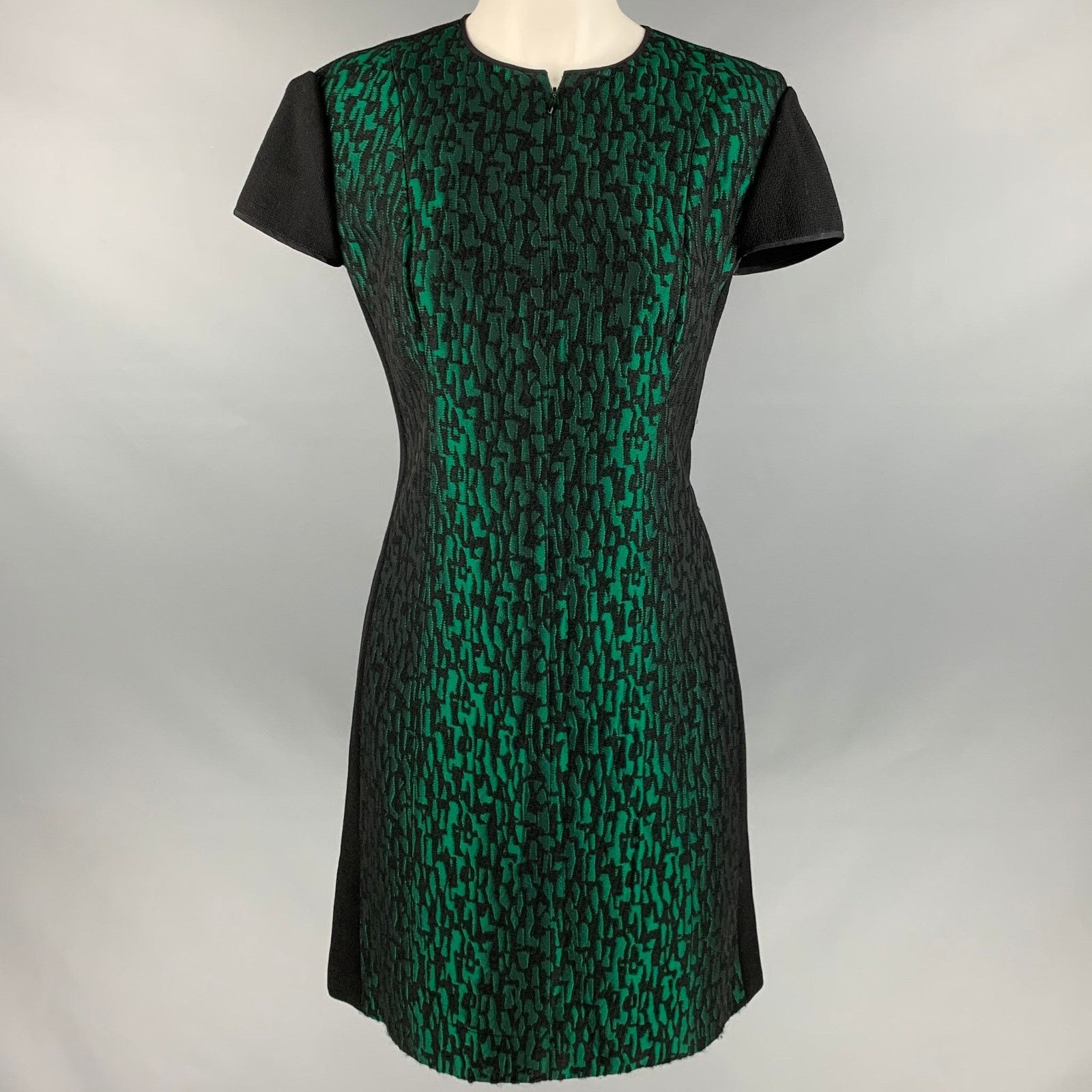 Black Green Jacquard Short Sleeve Below Knee Dress