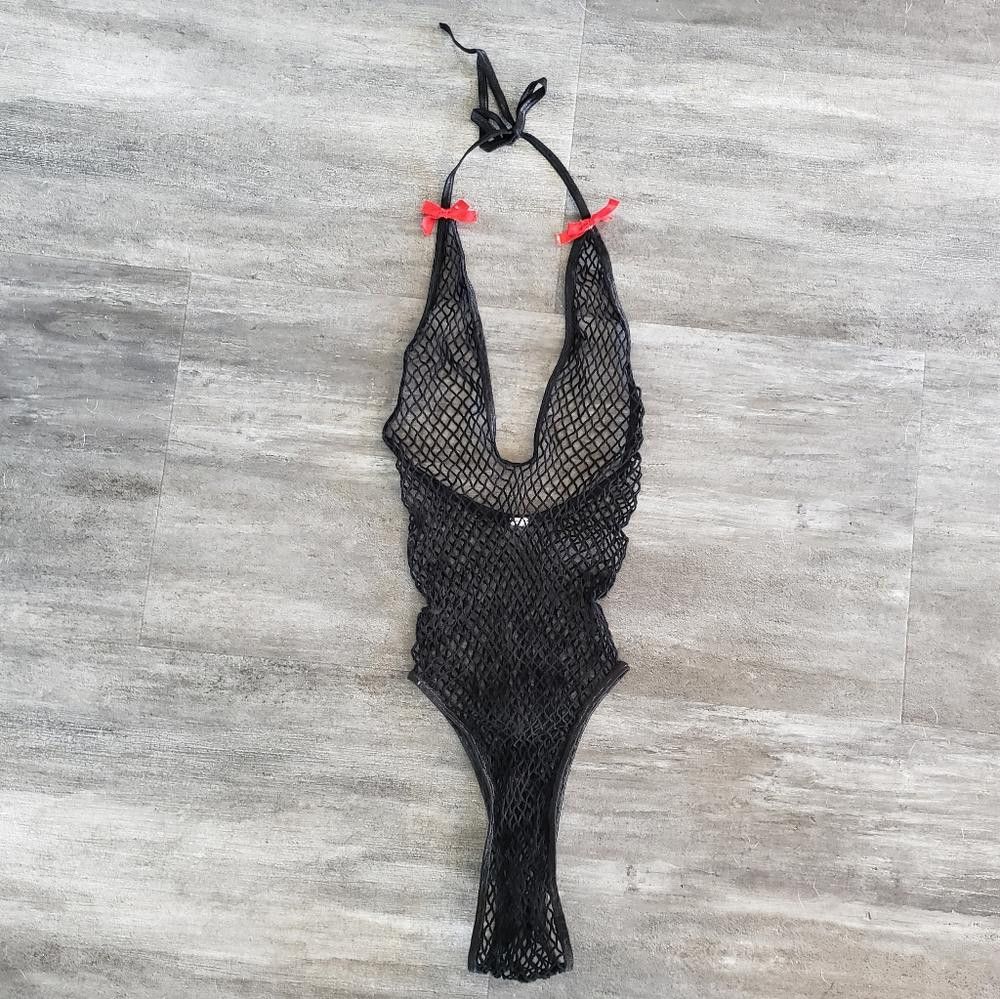 Designer Black Red Bow Seduction Fishnet Bodysuit Size ONE SIZE - 3 Thumbnail