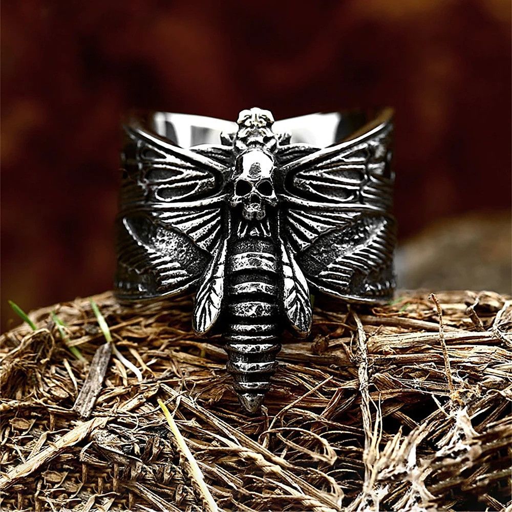 Vintage Gothic Butterfly Skull Ring Size ONE SIZE - 5 Thumbnail