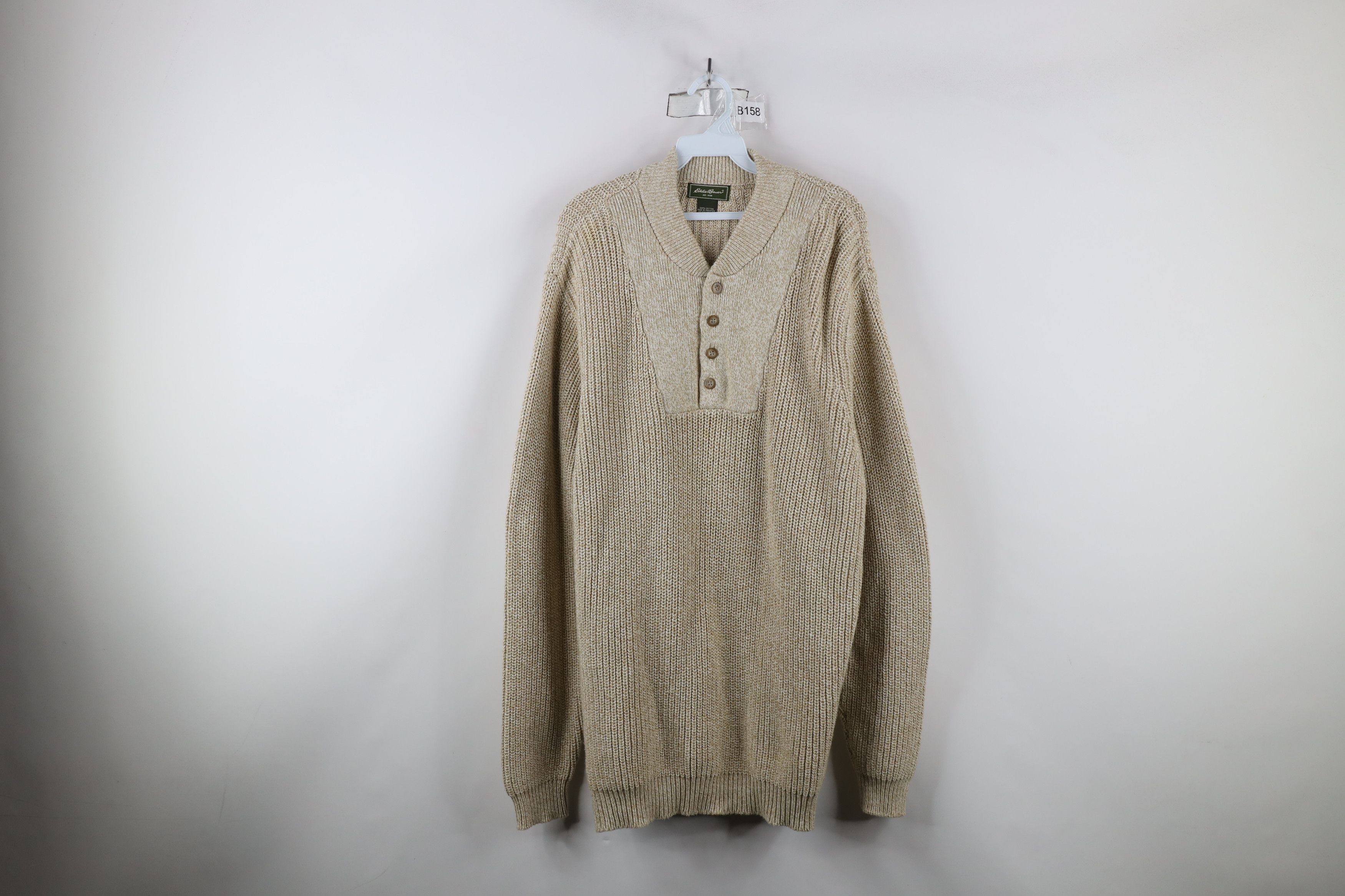 Eddie Bauer × Vintage Vintage Eddie Bauer Cotton Ribbed Knit Henley Sweater Beige Size US XL / EU 56 / 4 - 1 Thumbnail