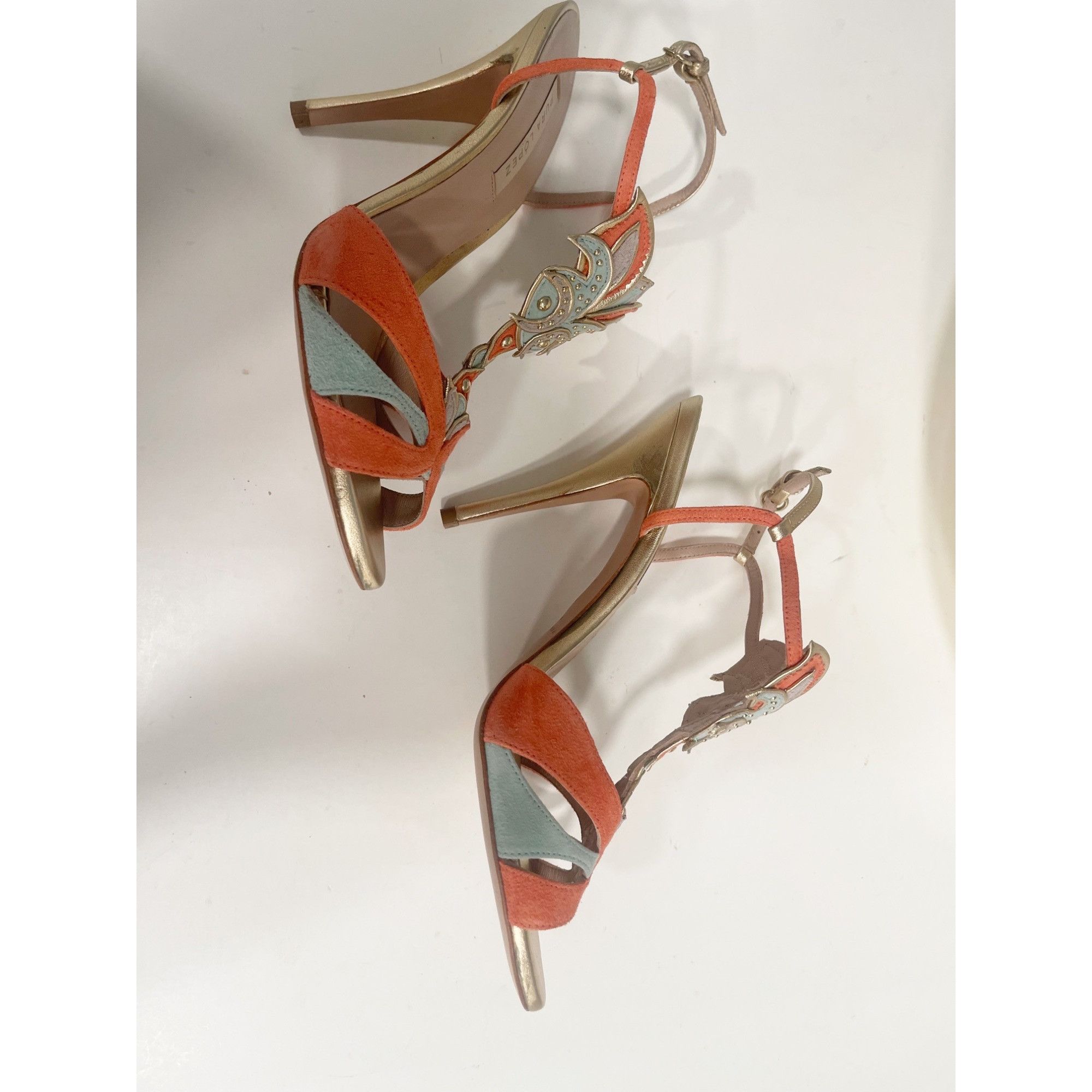 Other Pura Lopez Coral & Mint Leather & Suede Strappy Heels With G Size US 7.5 / IT 37.5 - 9 Thumbnail
