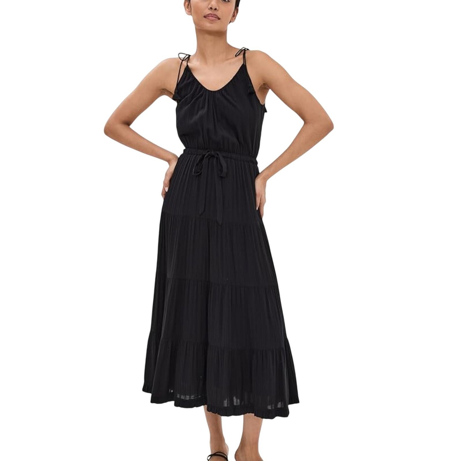Paige Paige Midi Dress V-Neckline Tiered Swiss Dot Black Women's Size M / US 6-8 / IT 42-44 - 1 Thumbnail