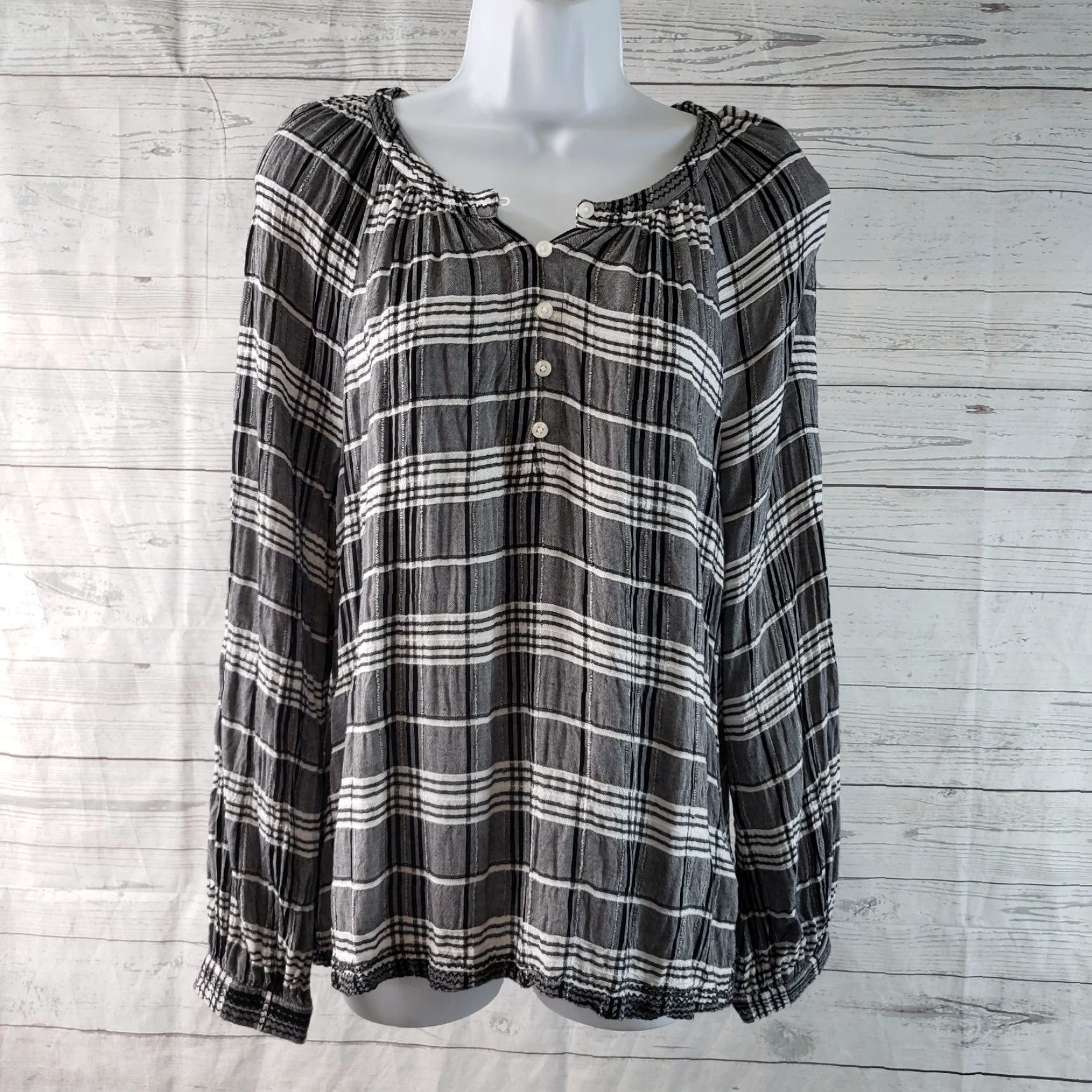 Lucky Brand Lucky Brand Womens Top Blouse Long Sleeve Plaid Black White Size M Viscose Size M / US 6-8 / IT 42-44 - 2 Thumbnail