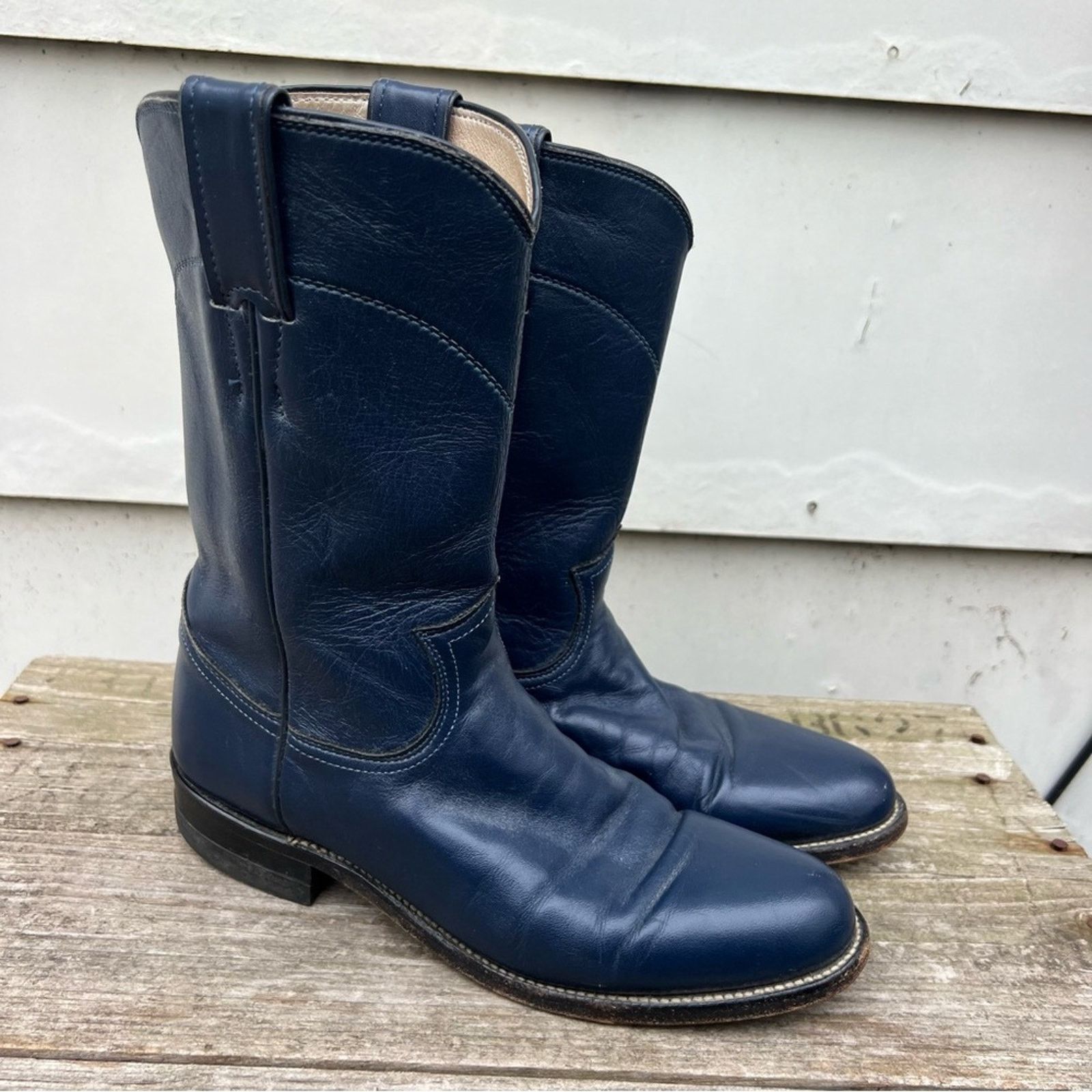 image of Justin Boots 90's Justin Roper Blue Cowgirl Pull On Leather Boots 6 1/2B, Women's (Size 6.5)