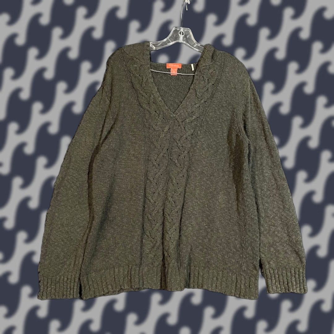 Tommy Bahama Tommy Bahama Hooded Sweater Olive Green V-Neck Cable Knit Women Size XL Pullover Pullover (Regular) Womens Size XL / US 12-14 / IT 48-50 - 1 Thumbnail