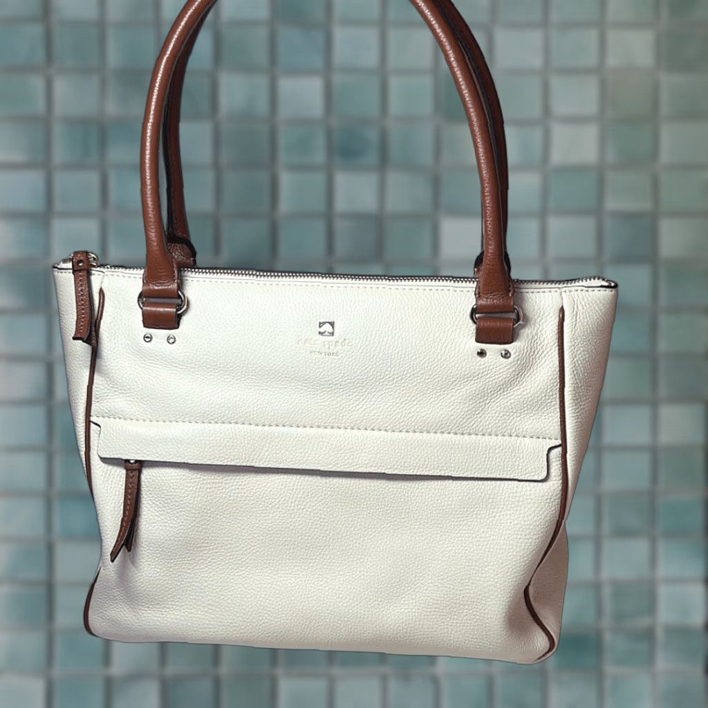 Vintage Kate Spade Grant Park Alida Cow Leather Shoulder Tote Wkru2640 Bone/dkrst Taupe Gold Hardware Purse Handbag Womens Medium Bag