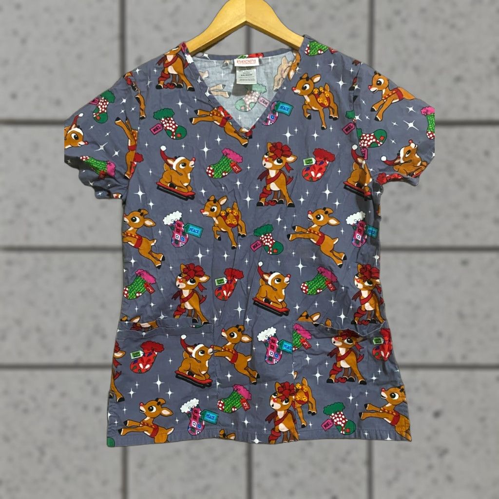 Vintage Rudolph The Red Nosed Reindeer gRAY Scrub Top Womens XS Size Scrub Top Black gRAY Rudolph Womens XS Size S / US 4 / IT 40 - 1 Thumbnail