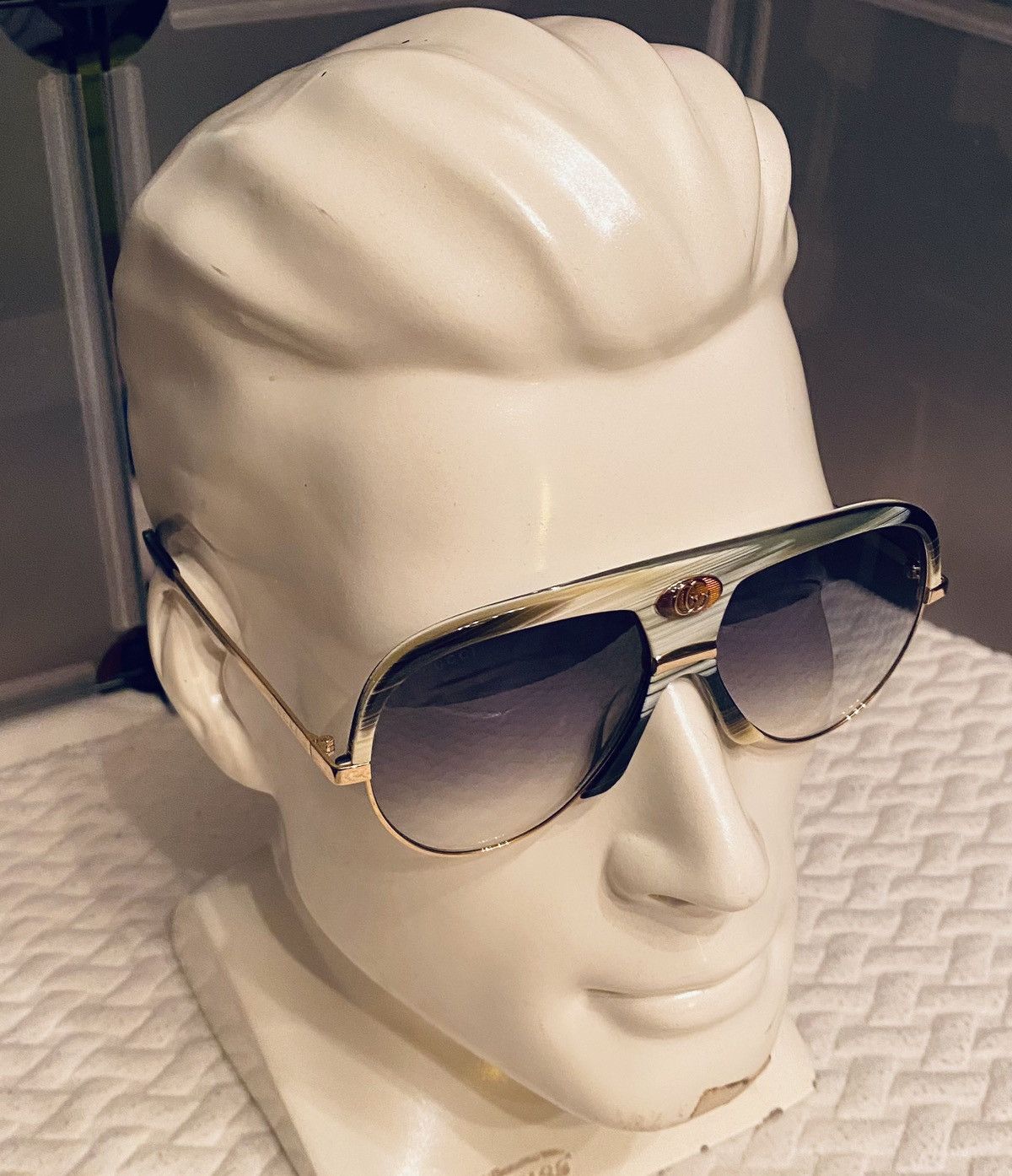 Gucci Gucci 🇯🇵 Grey/Moss Resin Amber GG Inlay Bridge Metal Gold NEW Size ONE SIZE - 16 Thumbnail