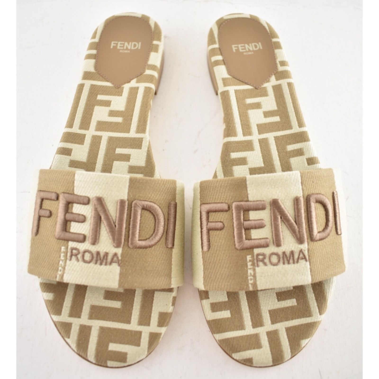Fendi Fendi Beige Sand Striped FF Monogram Logo Mule Slide Flat Size US 8 / IT 38 - 7 Thumbnail