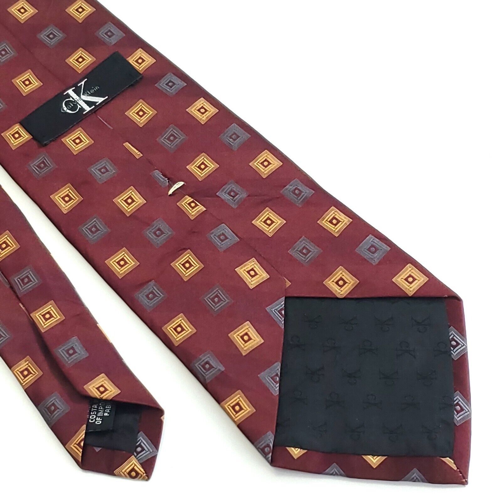 Calvin Klein Calvin Klein Maroon Woven Orange Geometric Silk Tie Size ONE SIZE - 5 Thumbnail