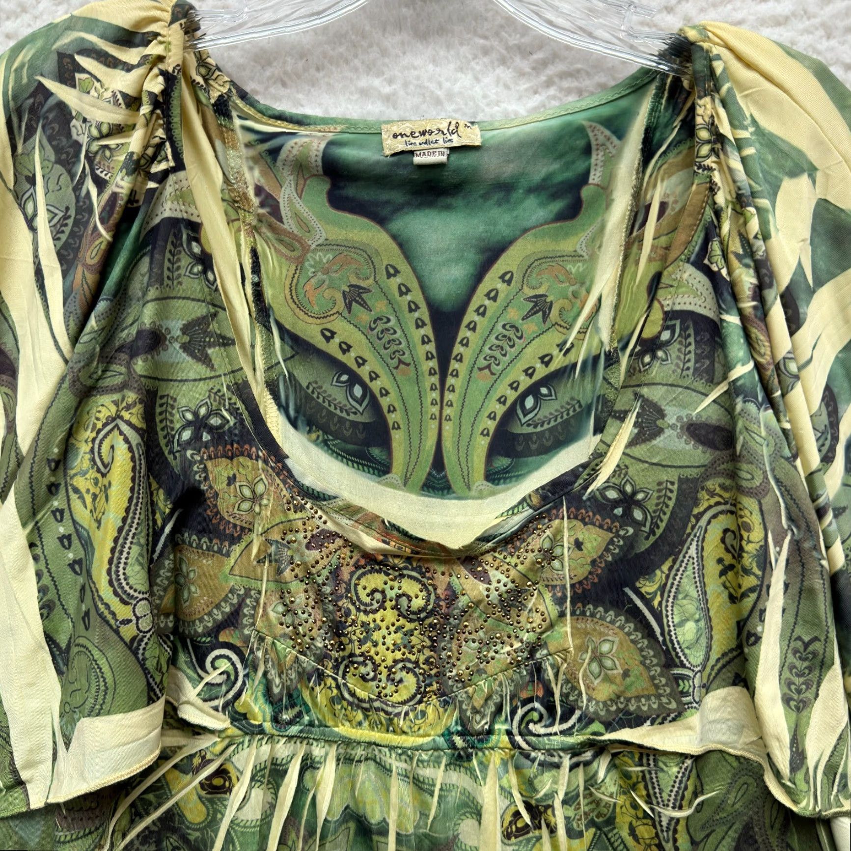 Vintage VINTAGE One World Shirt M Green Y2K Boho Kaftan Studded Slinky Grunge McBling Fairy Hippy Girls Size M / US 6-8 / IT 42-44 - 3 Thumbnail