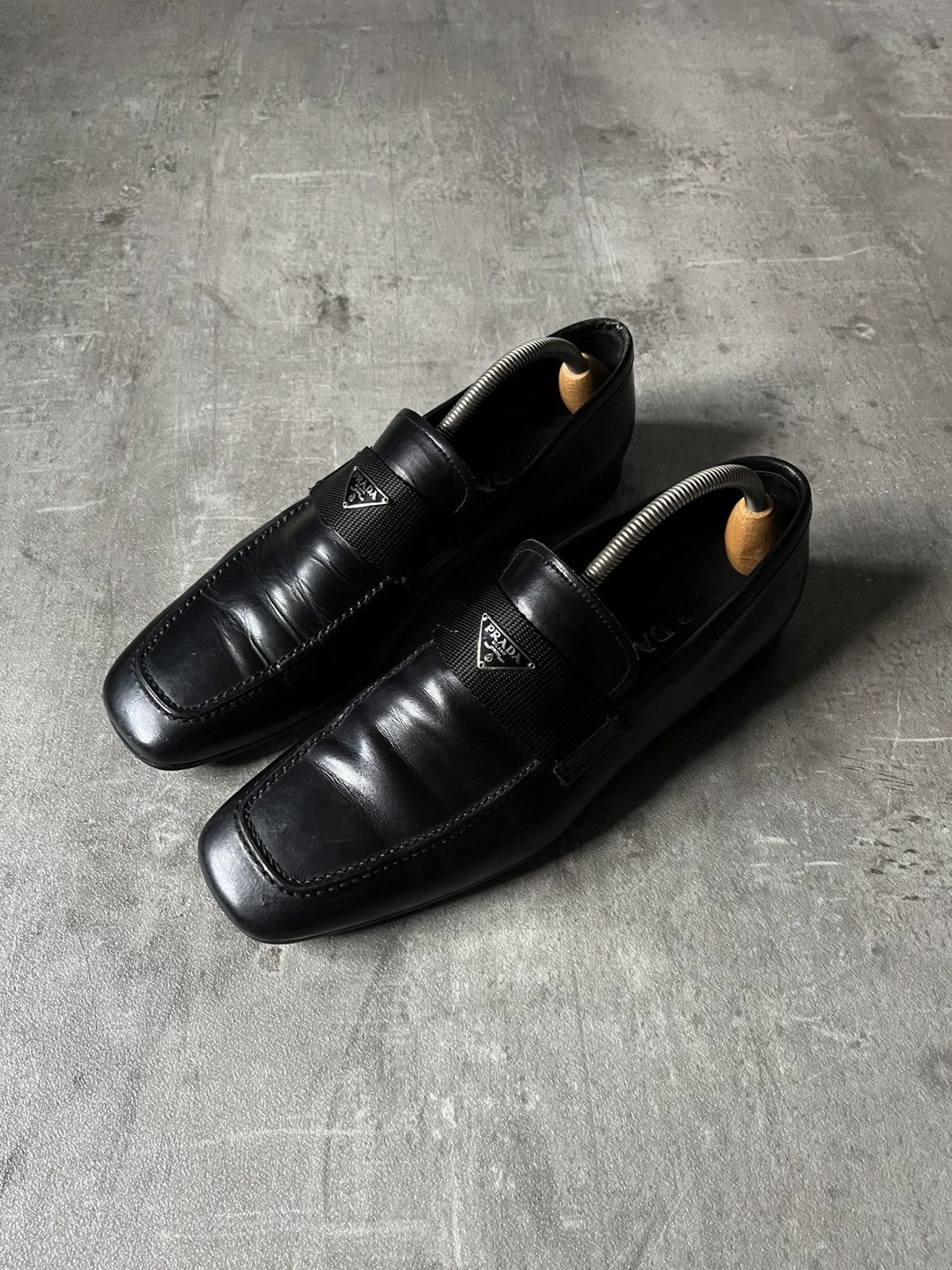 Prada black logo leather loafers rare