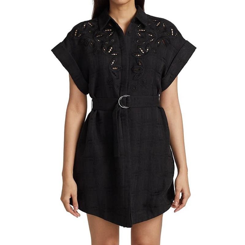 image of Acler Belted Embroidered Floral Eyelet Mini Shirt Dress 8 in Black, Women's (Size Medium)