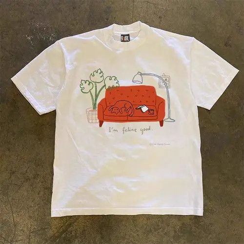 VIBE White Street Retro Kitten Printed Loose Short Sleeve T-Shirt Size US L / EU 52-54 / 3 - 4 Thumbnail