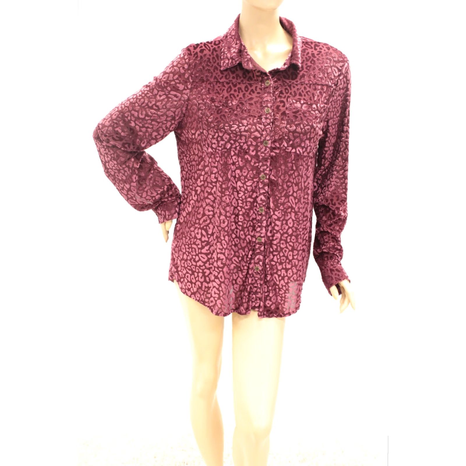 Velvet Umgee Velvet Burnout Top Leopard Print 2XL Button Up Long Sleeve Wine Mob Wife Size XXL / US 16-18 / IT 52-54 - 5 Thumbnail