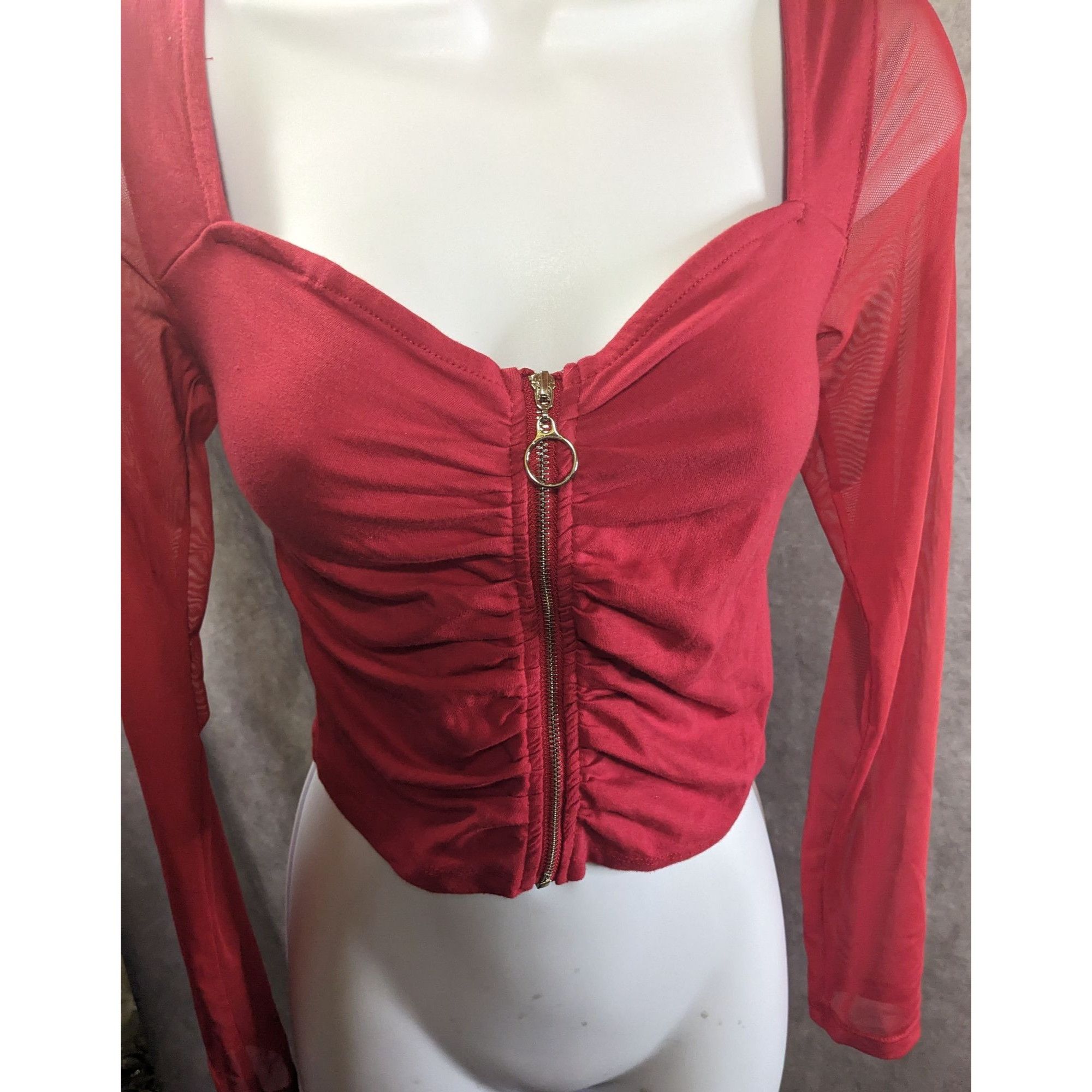 Other Vintage 90s Ambiance Red Long Sleeve Top With Mesh Sleeves & Size M / US 6-8 / IT 42-44 - 5 Thumbnail