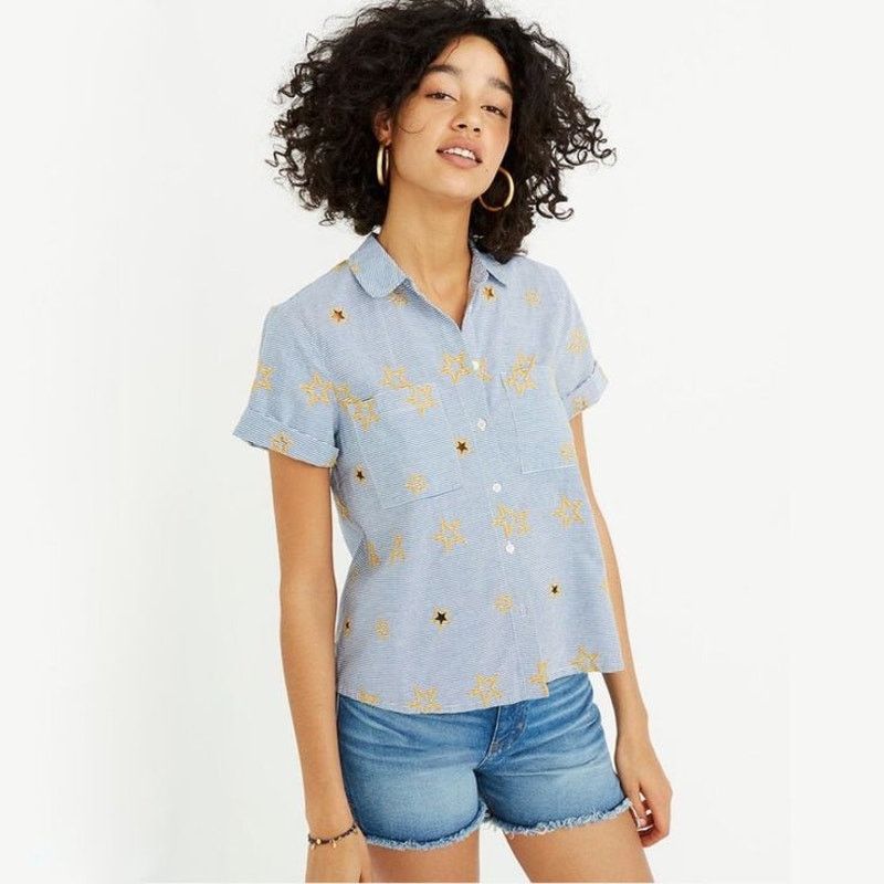Madewell Madewell Star Embroidered Striped Cotton Button Down Blouse Size S / US 4 / IT 40 - 2 Thumbnail