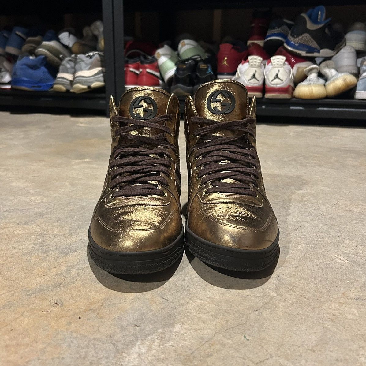 Designer × Gucci Gucci Nappa Silk Metallic Gold Web Stripe High Top Sneakers Size US 13 / EU 46 - 6 Thumbnail