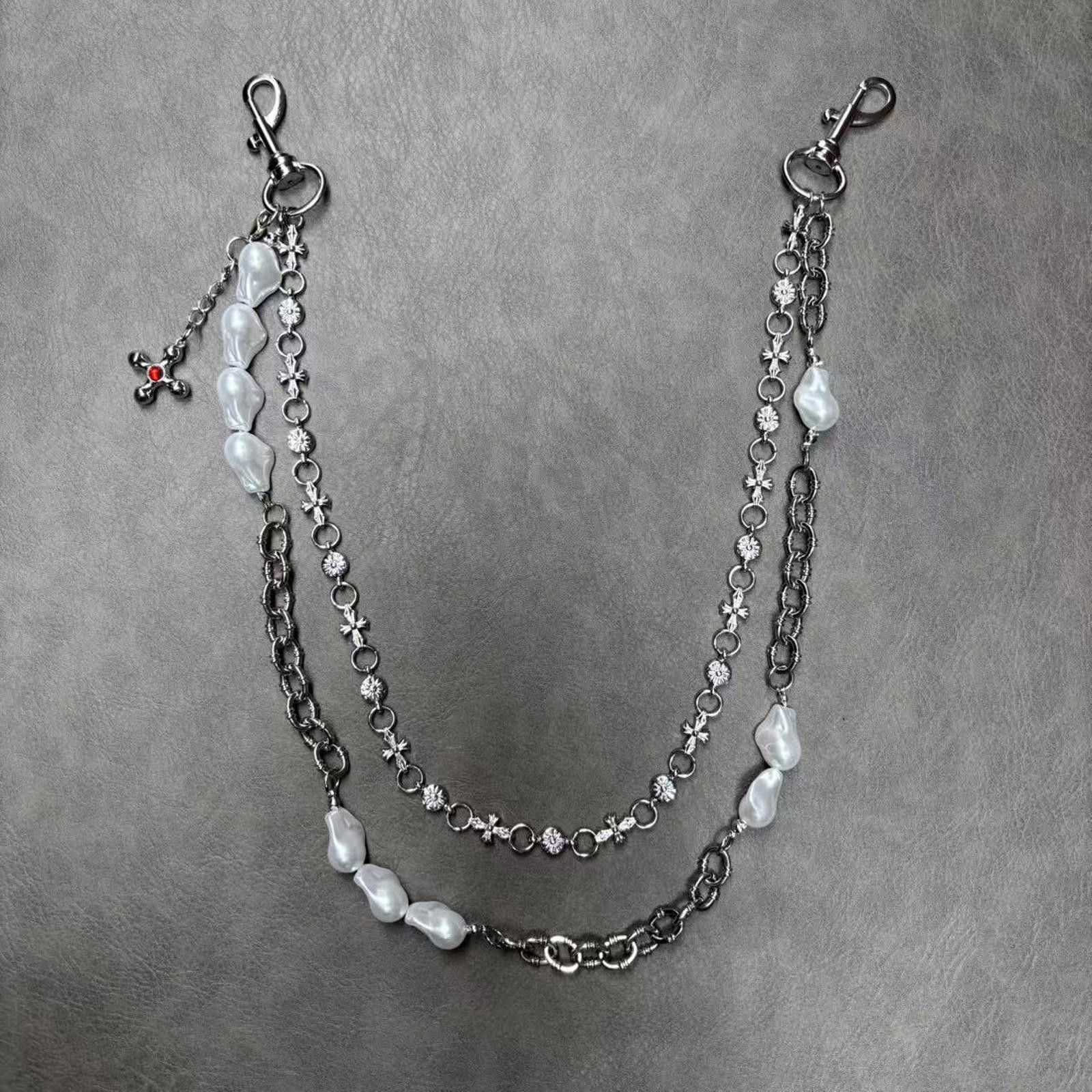 Vintage Silver Chain with Pearl Accents, Men's Layered Wallet Chain Size ONE SIZE - 4 Thumbnail