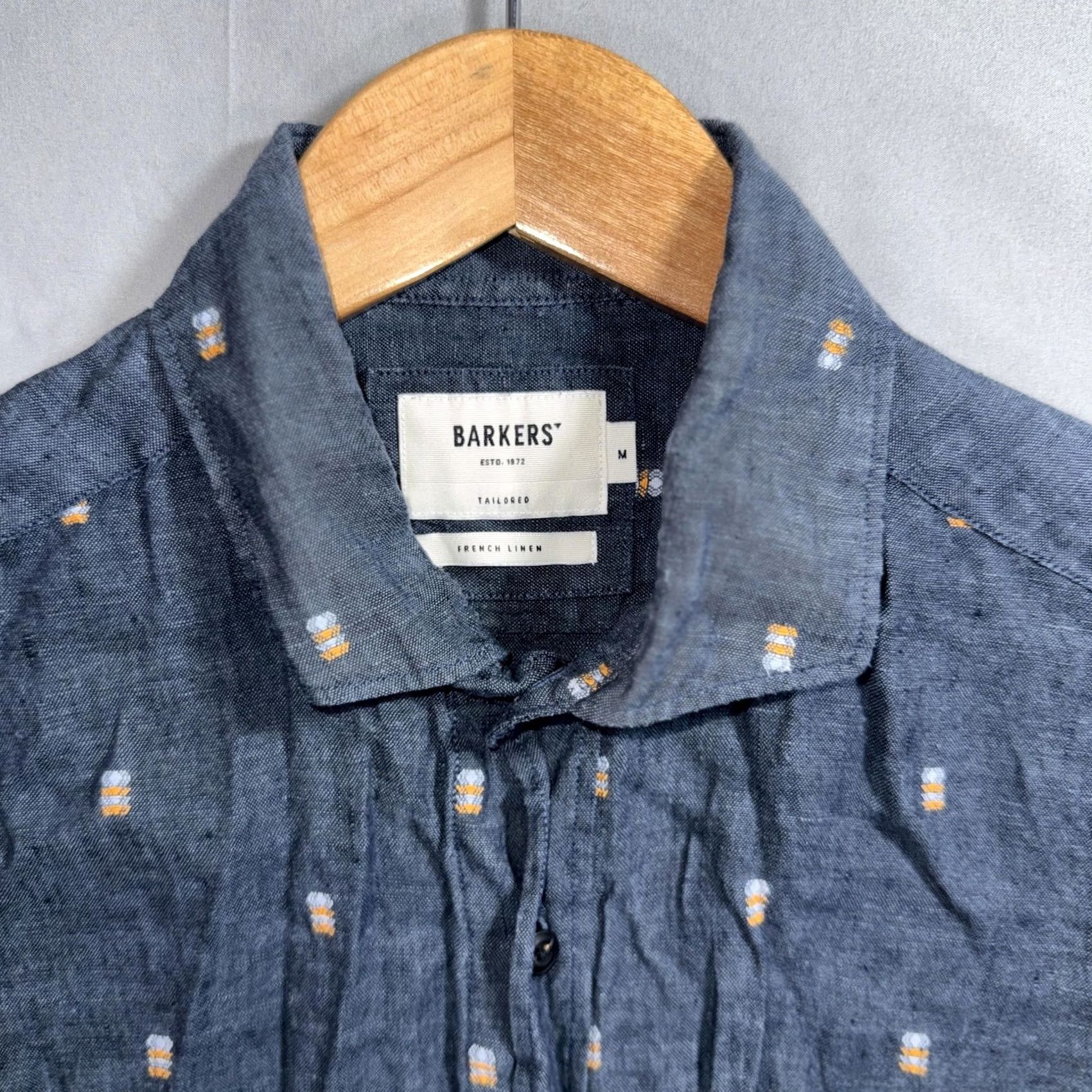Barker Barkers Shirt Mens M Blue Linen Geometric Embroidered Slim Button Up Size US M / EU 48-50 / 2 - 5 Thumbnail