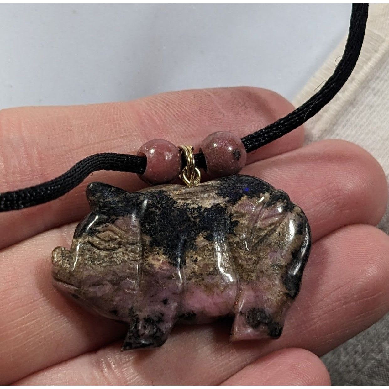 Other Carved Pink And Black Rhodonite Pig Pendant Necklace Size ONE SIZE - 5 Thumbnail