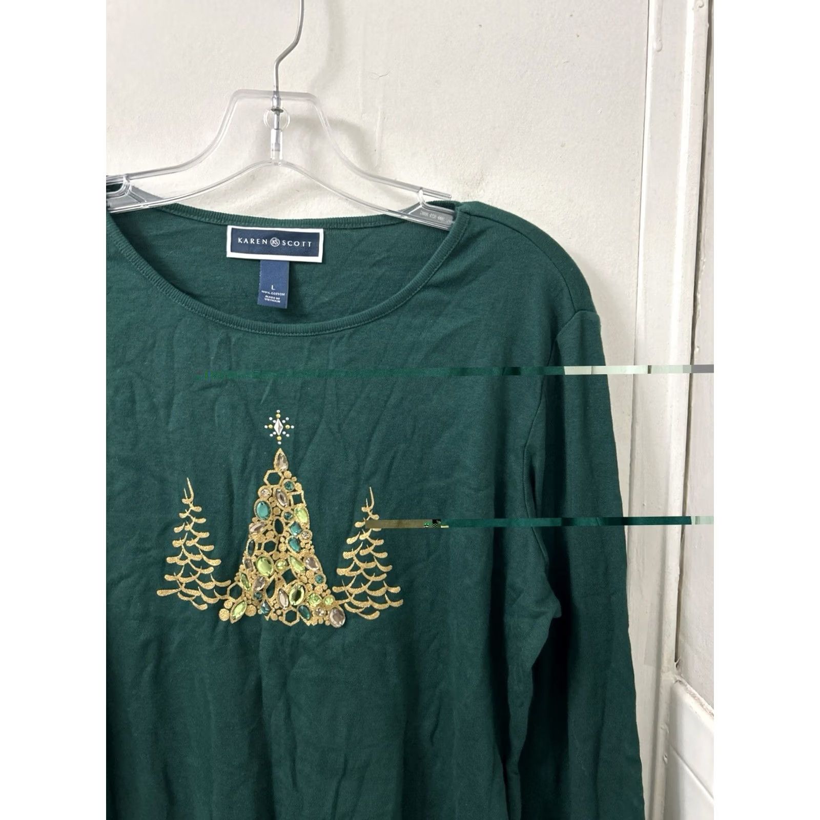 Vintage Karen Scott Womens L Green Christmas Tree Rhinestone Long Sleeve Shirt NWT Size L / US 10 / IT 46 - 4 Thumbnail