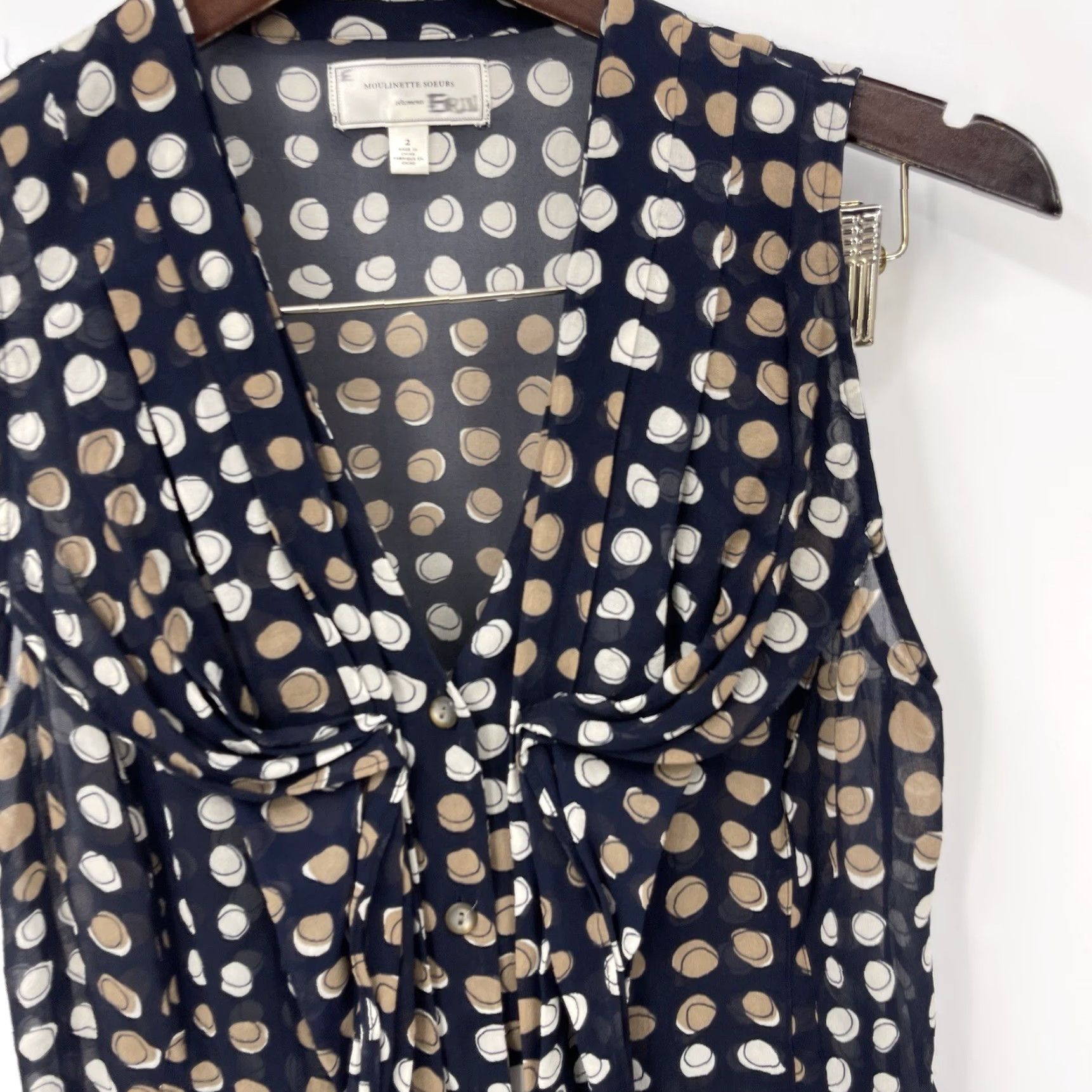 Anthropologie VINTAGE Moulinette Soeurs Blouse Women Sleeveless Ruffle Sheer Geometric Blue 2 Size XS / US 0-2 / IT 36-38 - 5 Thumbnail