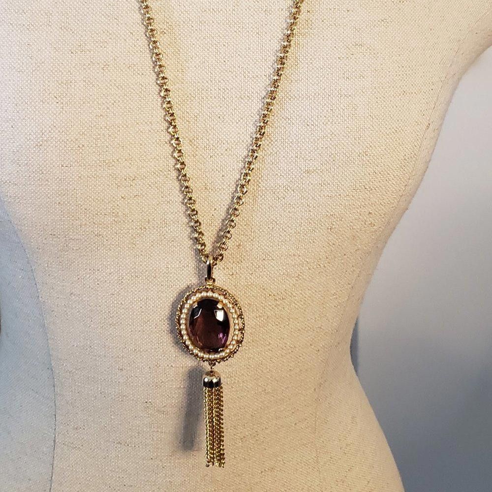 Designer Tassel Purple & Gold Tone Crystal Pendant Necklace 36" Size ONE SIZE - 1 Thumbnail