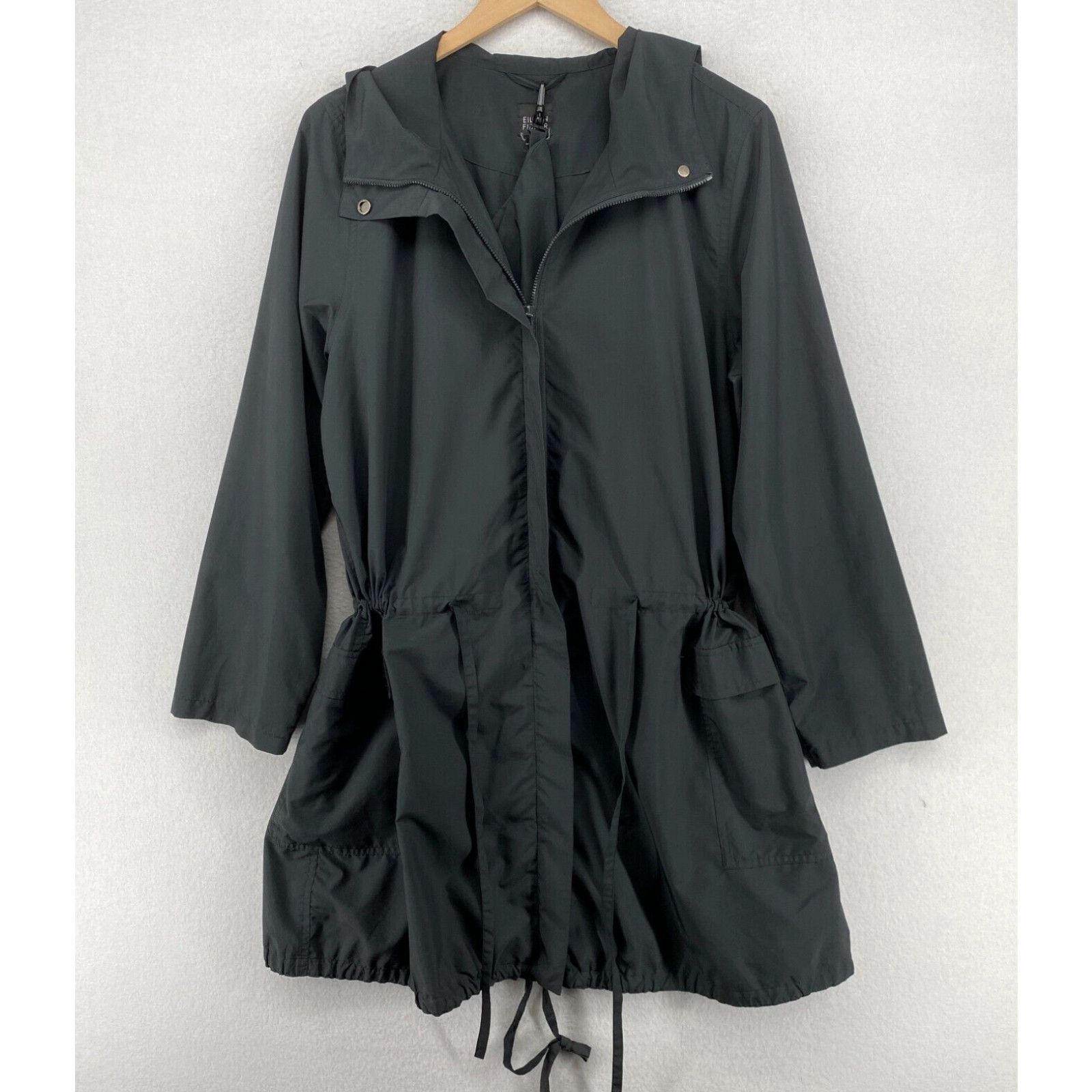 image of Eileen Fisher Jacket L Trench Coat Packable Bag Hoodie Cinched Waist Gray in White, Women's (Size L