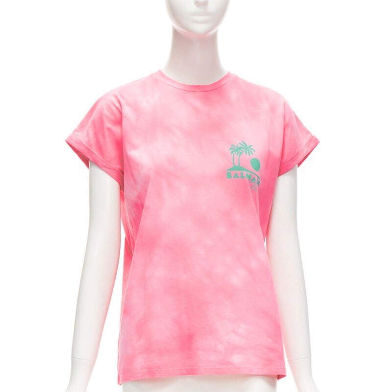 Balmain BALMAIN green palm tree logo pink tie dye crew neck cap sleeves tshirt top XXS Size XS / US 0-2 / IT 36-38 - 1 Thumbnail