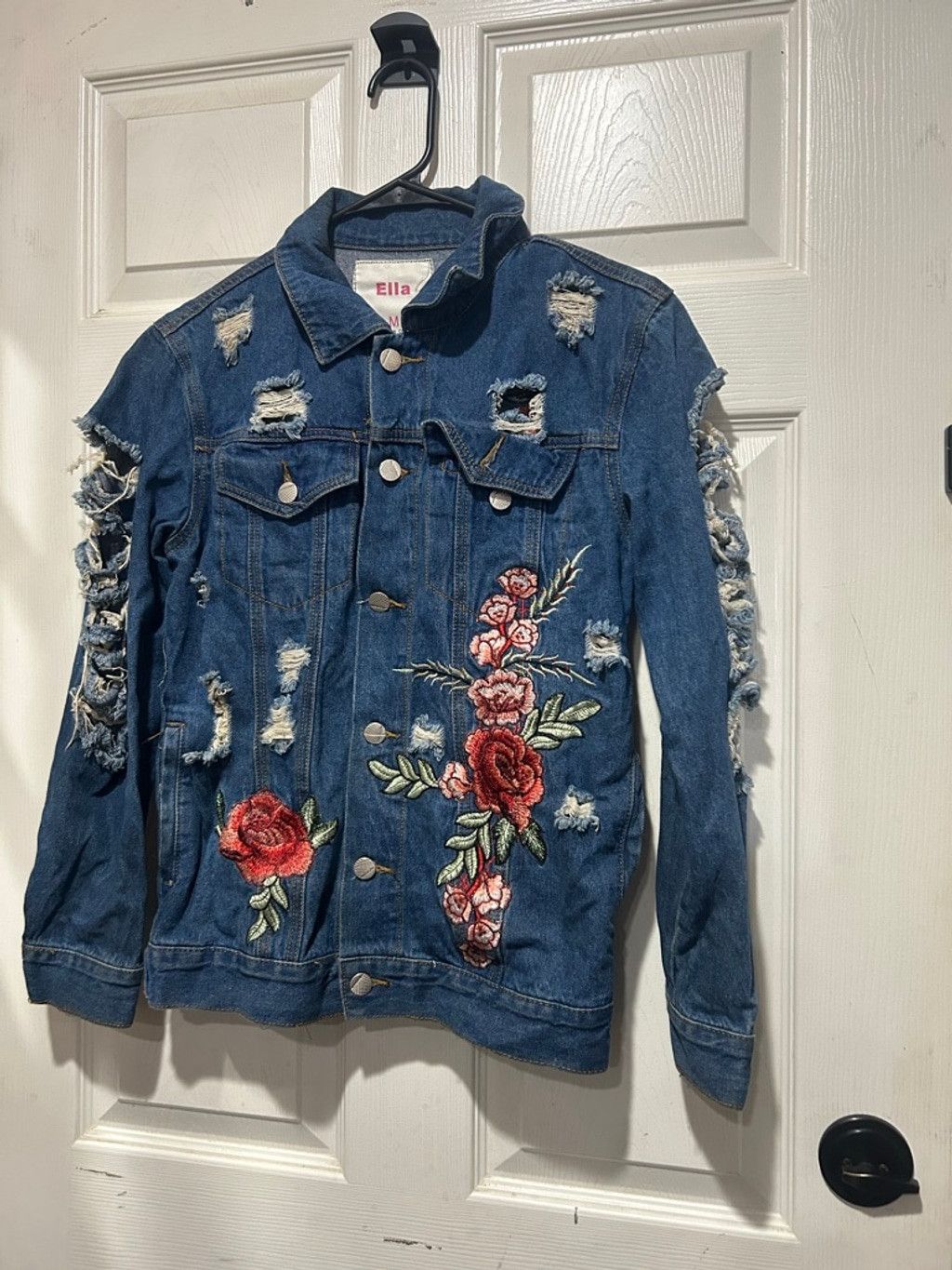 Ellesse Women's Ella Blue Distressed Floral Embroidered Jean Jacket Size M / US 6-8 / IT 42-44 - 2 Thumbnail