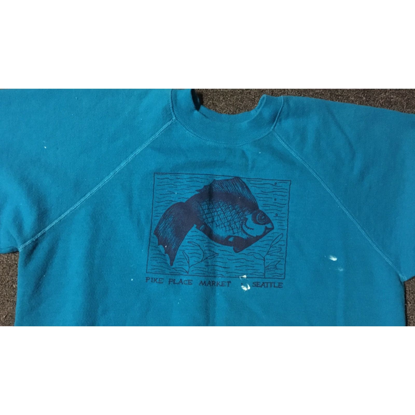 Hanes VINTAGE 80s Seattle Pike Place Fish Market Distressed Paint Sweatshirt Blue S Mens Small Pullover Hanes Size US S / EU 44-46 / 1 - 4 Thumbnail
