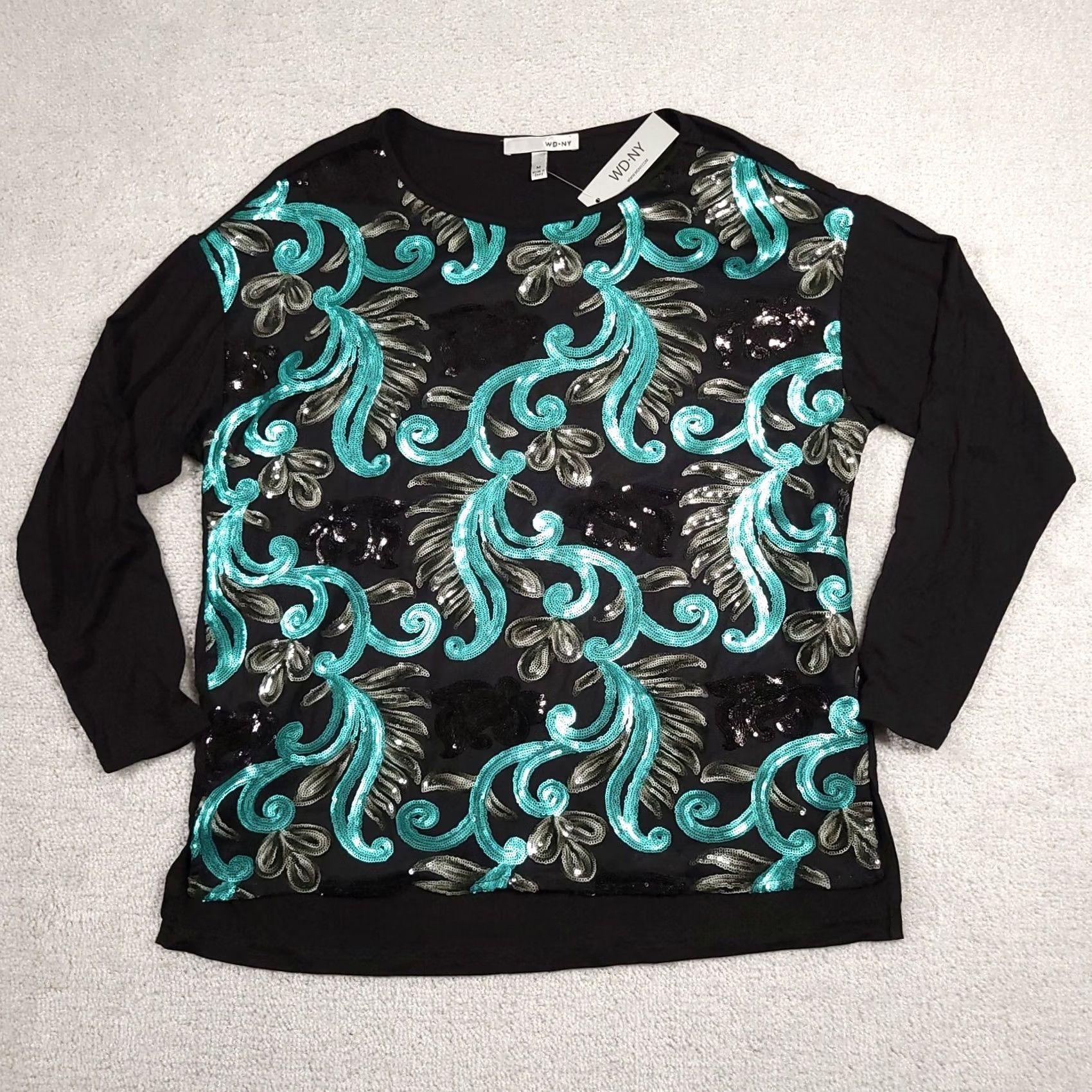Altea WDNY Sequin Shirt Women's M Black Teal Silver Floral Stretch Long Sleeve Size M / US 6-8 / IT 42-44 - 2 Thumbnail