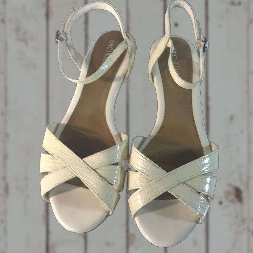 Vintage MICHELLE D Leather Wedges Open Toe Ivory Size 9.5M Womens Strappy 1in Platform Size US 9.5 / IT 39.5 - 1 Thumbnail