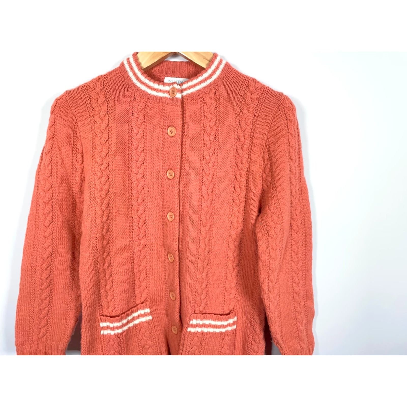 Pinko VINTAGE Wintuk Cardigan Women's Small Coral Pink Orange Cable-Knit Lightweight Crew Neck Sweater Fall Winter 70s Size S / US 4 / IT 40 - 4 Thumbnail