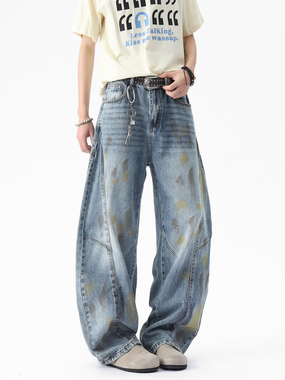 Japanese Brand Distressed men's vintage wide-leg dirty-dyed scimitar jeans Size US 32 / EU 48 - 2 Thumbnail