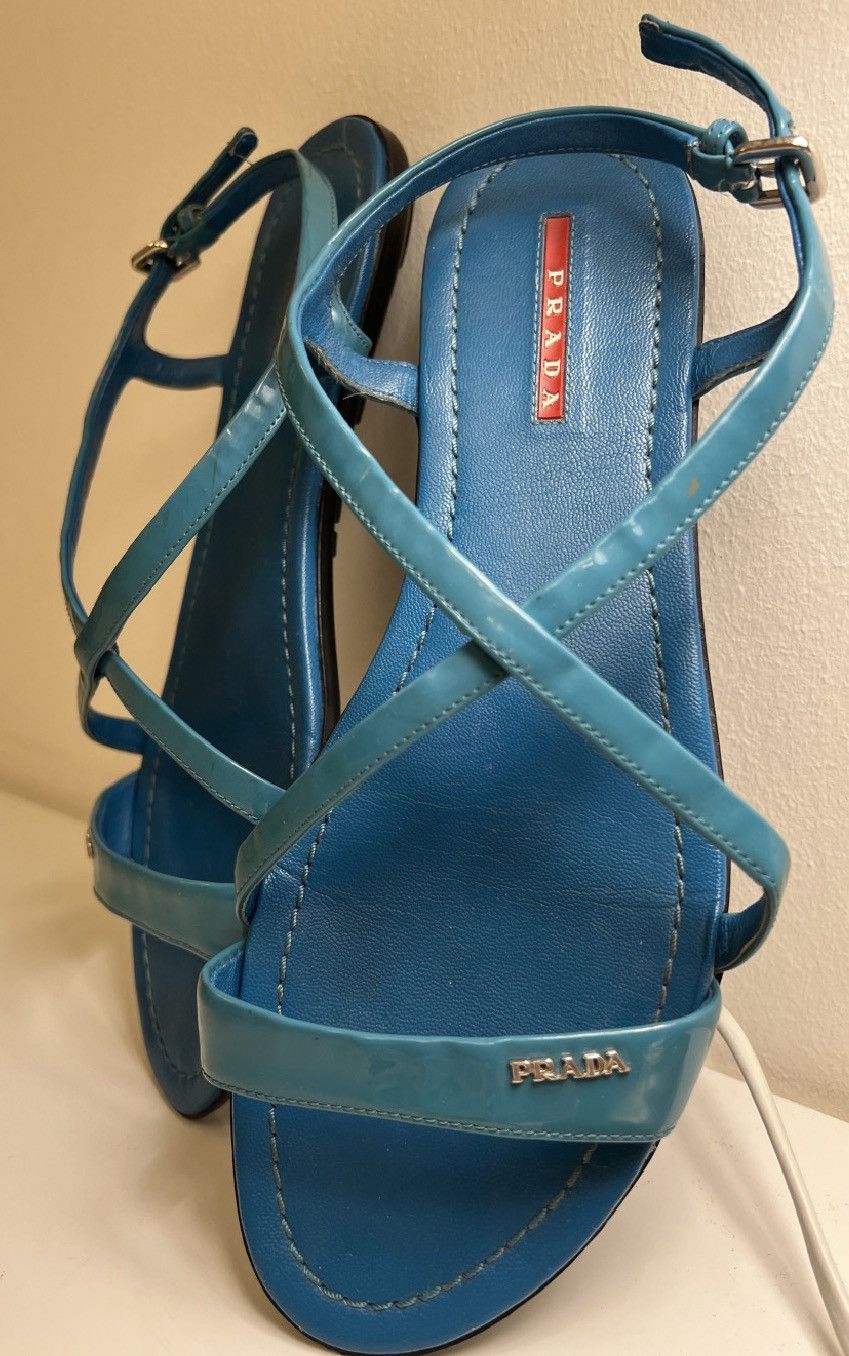 Prada Prada Turquoise Patent Leather Sandals Size US 11.5 / IT 41.5 - 8 Thumbnail