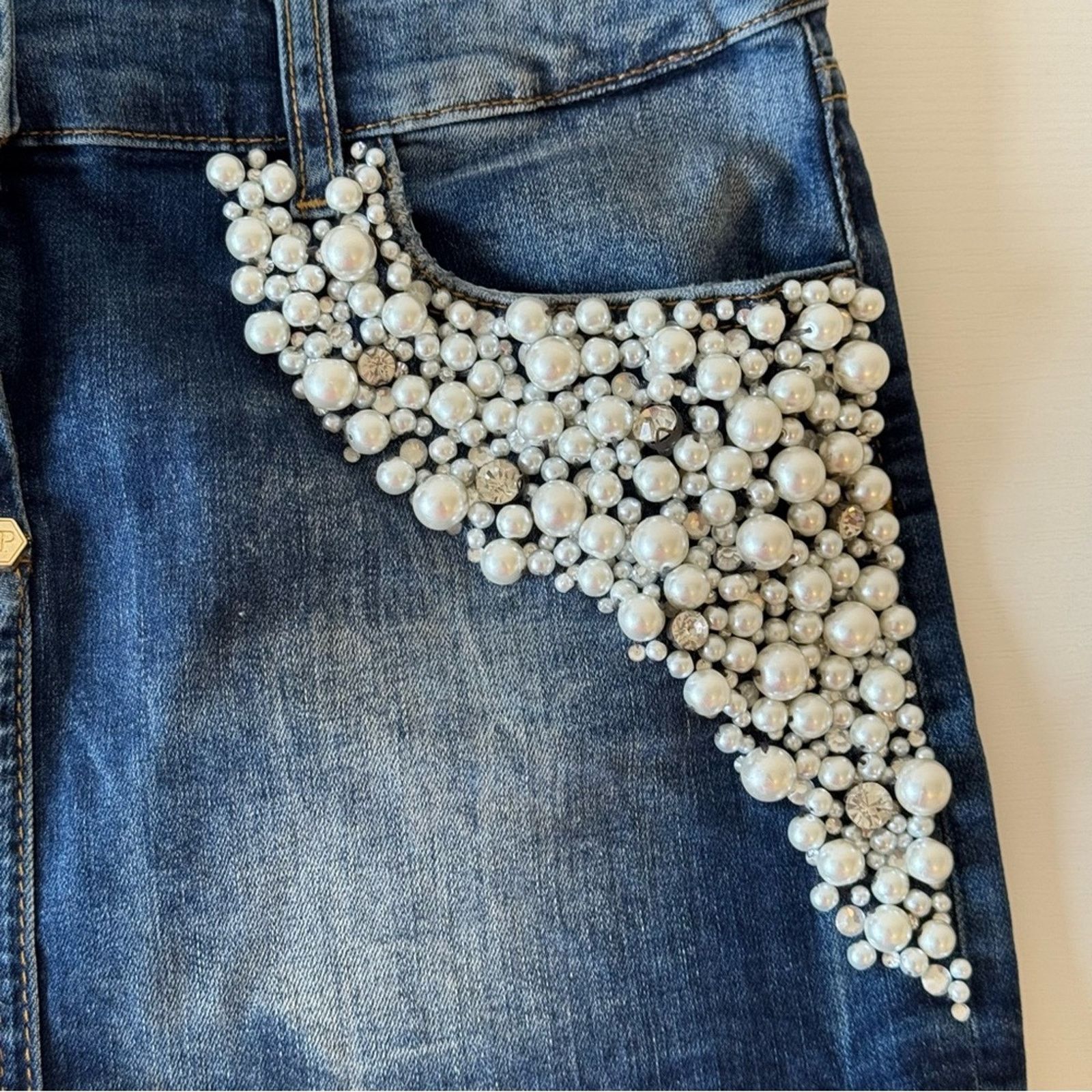 Philipp Plein PHILIPP PLEIN Embellished Denim Skirt Pearl Accents, Size 26 Size 26" / US 2 / IT 38 - 3 Thumbnail