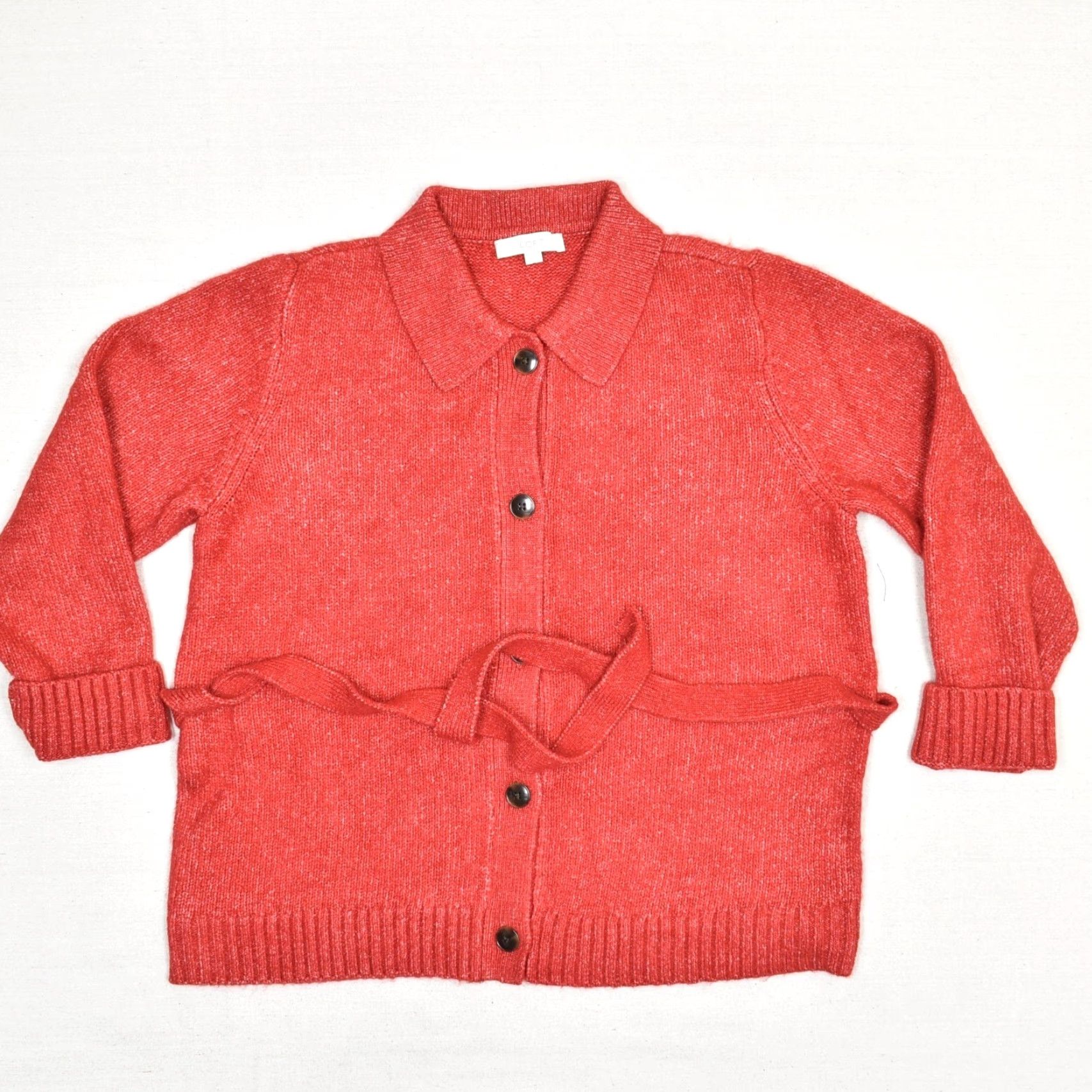 Loft Loft Women Button Cardigan Sweater Belted Solid Polyester Red 2XL Collared Jacket Regular Size Size XXL / US 16-18 / IT 52-54 - 2 Thumbnail