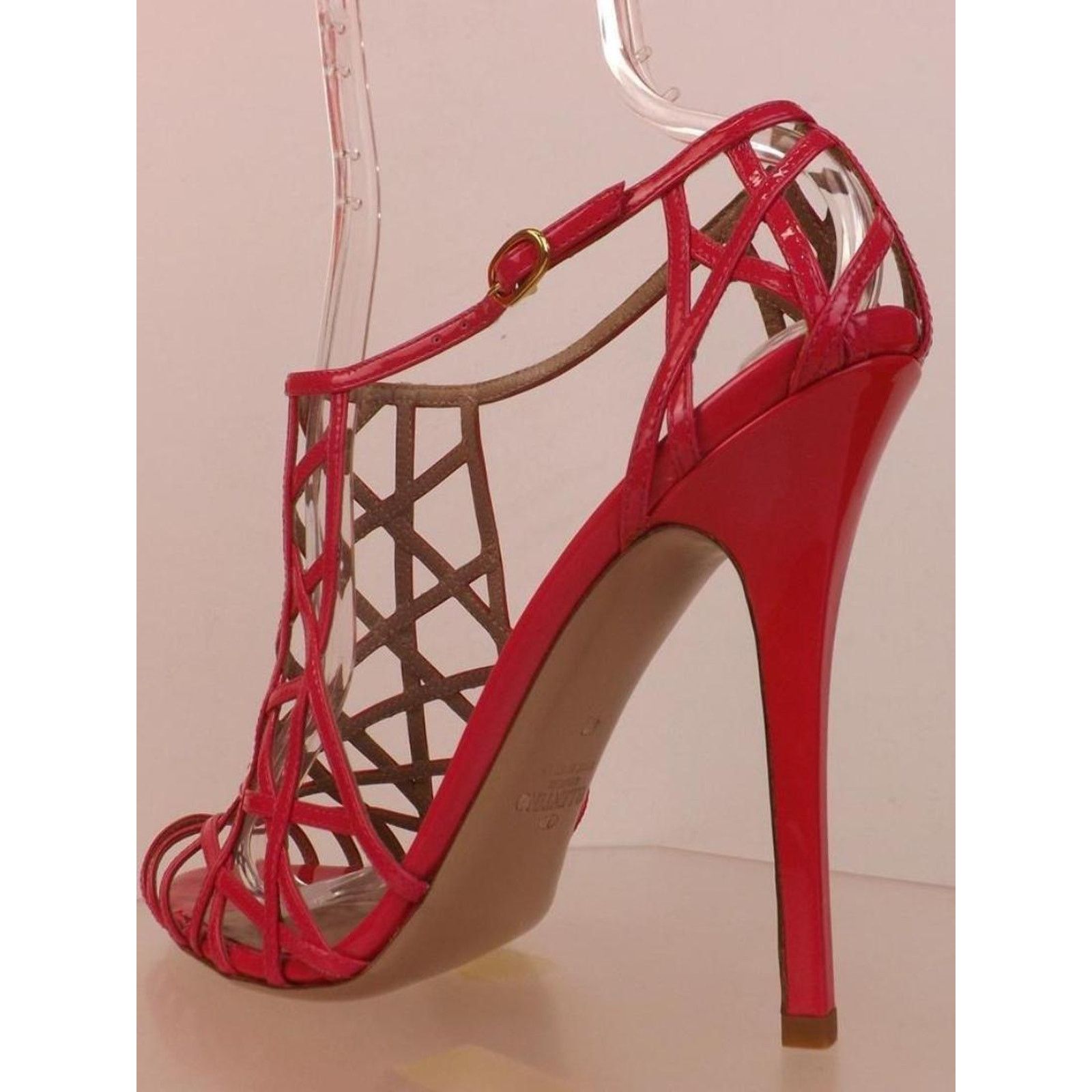 PINK PATENT LEATHER CRISSCROSS CAGE SANDALS PUMPS 36.5