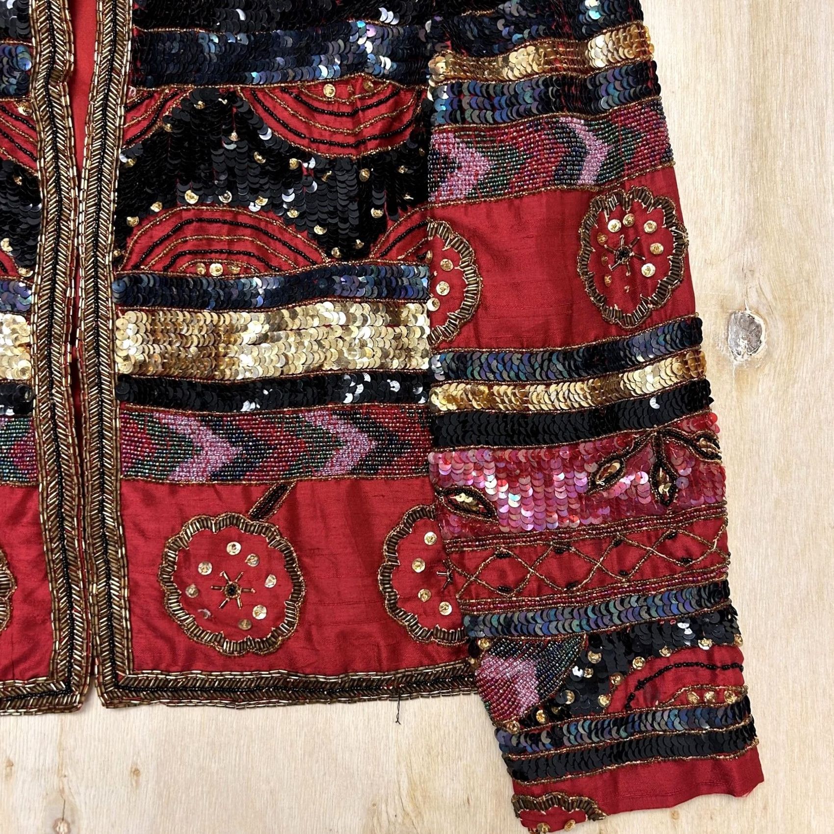 Vintage Boho Embellished Jacket Womens Medium Red Beaded Sequin Satin Open Front Size M / US 6-8 / IT 42-44 - 2 Thumbnail