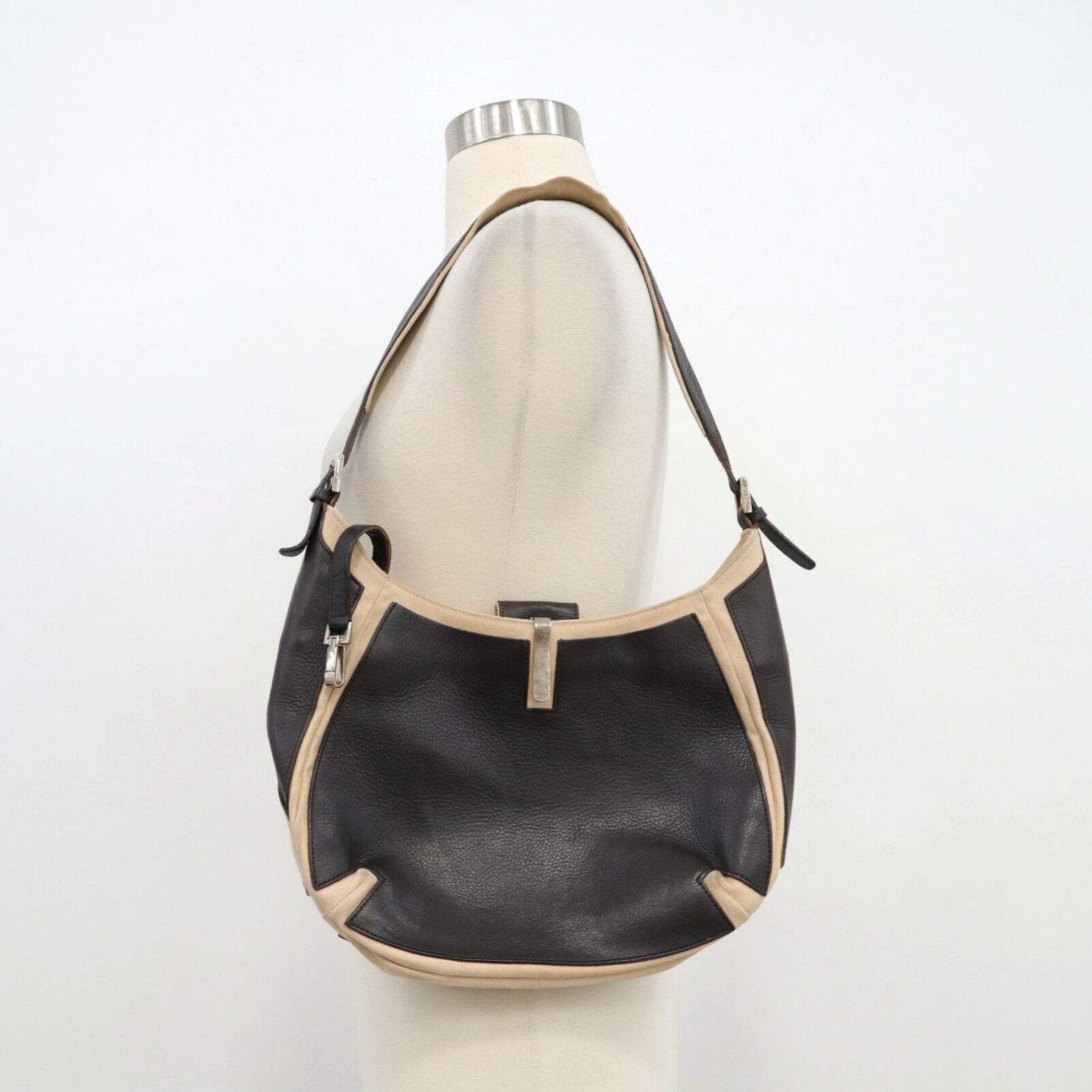 image of Bally Hobo Shoulder Bag Handbag Purse Brown Leather Beige Canvas in White, Women's