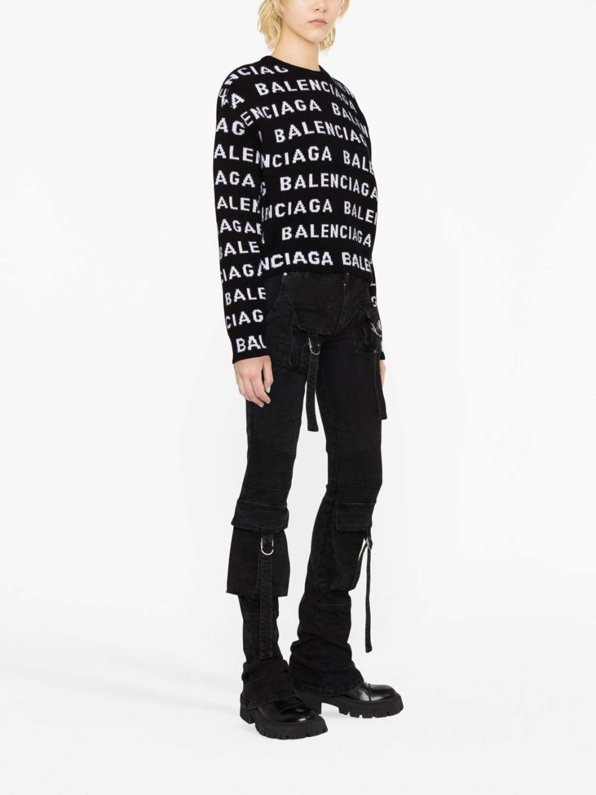 Balenciaga o1tr1nto0126 Bal Horizontal Allover Cropped Sweater in Black Size L / US 10 / IT 46 - 3 Thumbnail