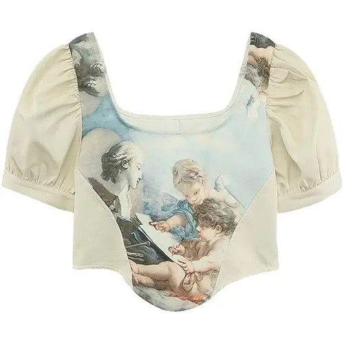 image of Vintage Print T-Shirt For Women Summer Short Sleeved in White