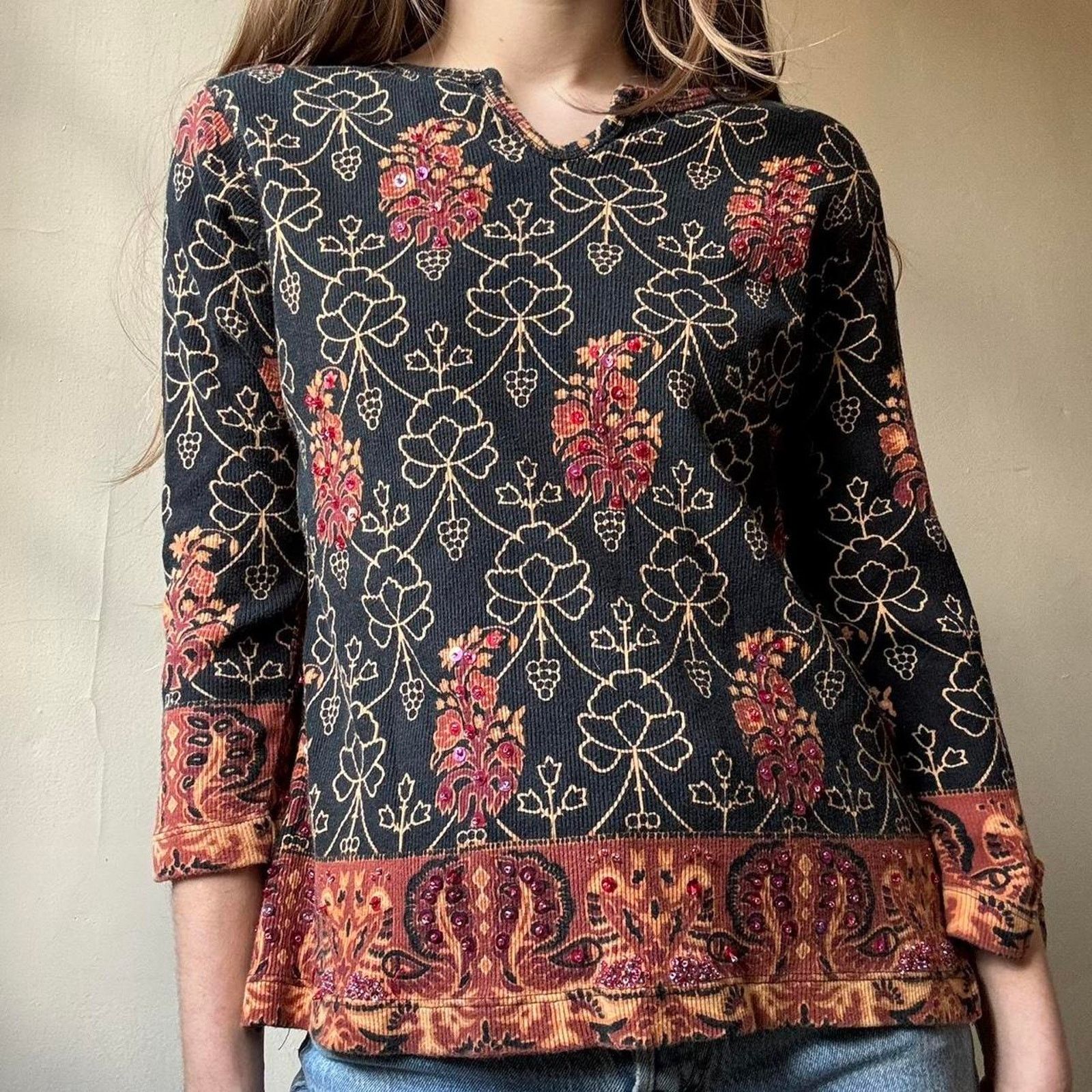 Vintage Vintage White Stag Sequined 3/4 Sleeve T-Shirt Medium Cotton Size M / US 6-8 / IT 42-44 - 2 Thumbnail